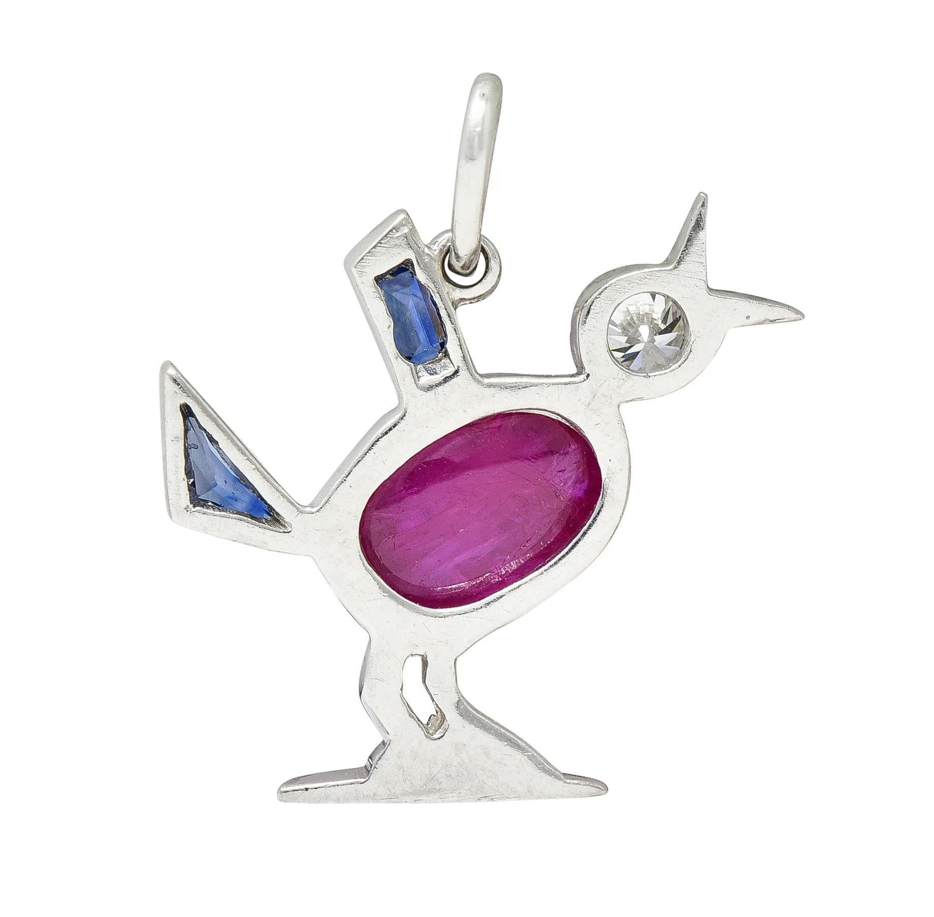 Cabochon Art Deco 1.75 CTW Ruby Diamond Sapphire Platinum Bird Charm For Sale