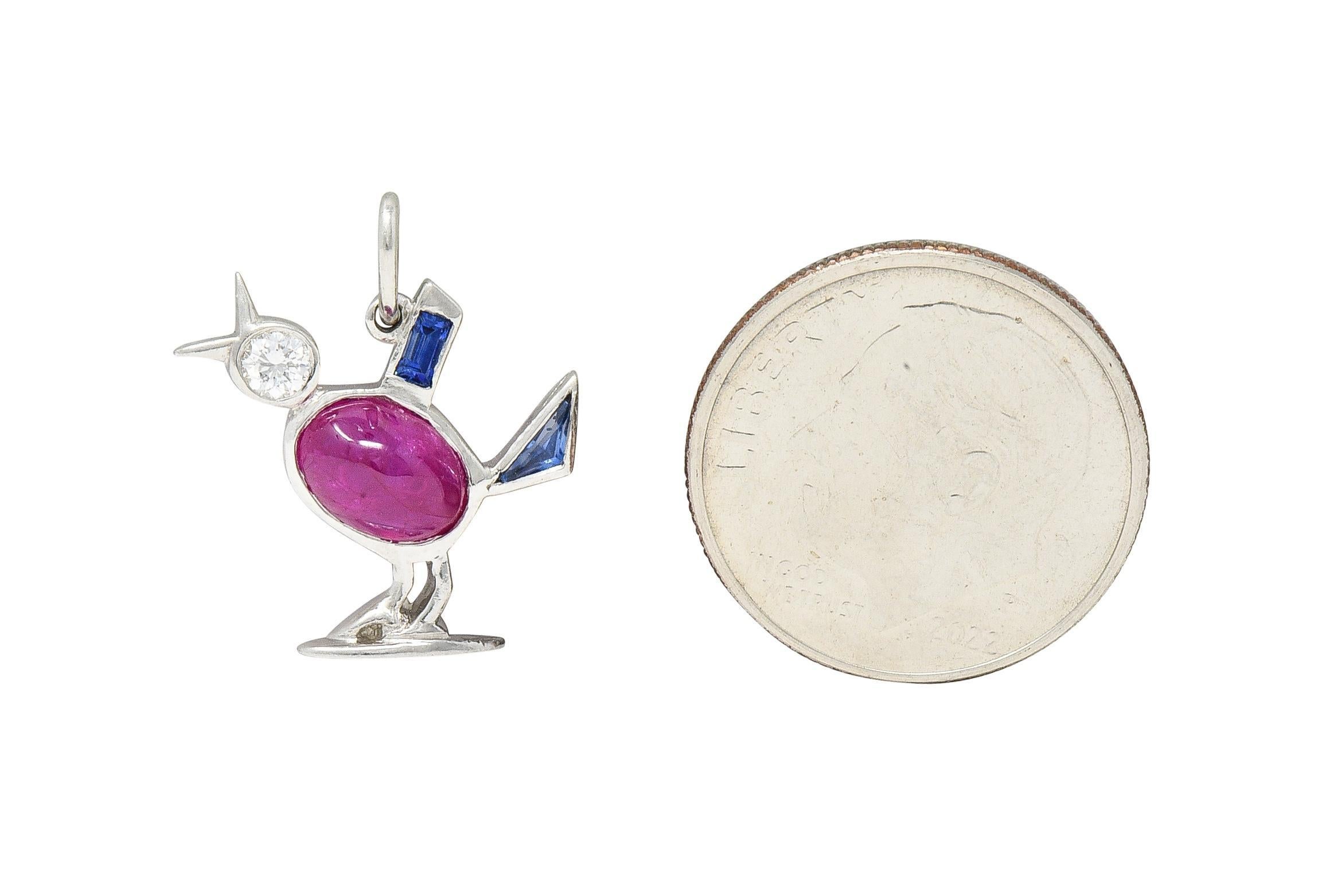 Women's or Men's Art Deco 1.75 CTW Ruby Diamond Sapphire Platinum Bird Charm For Sale