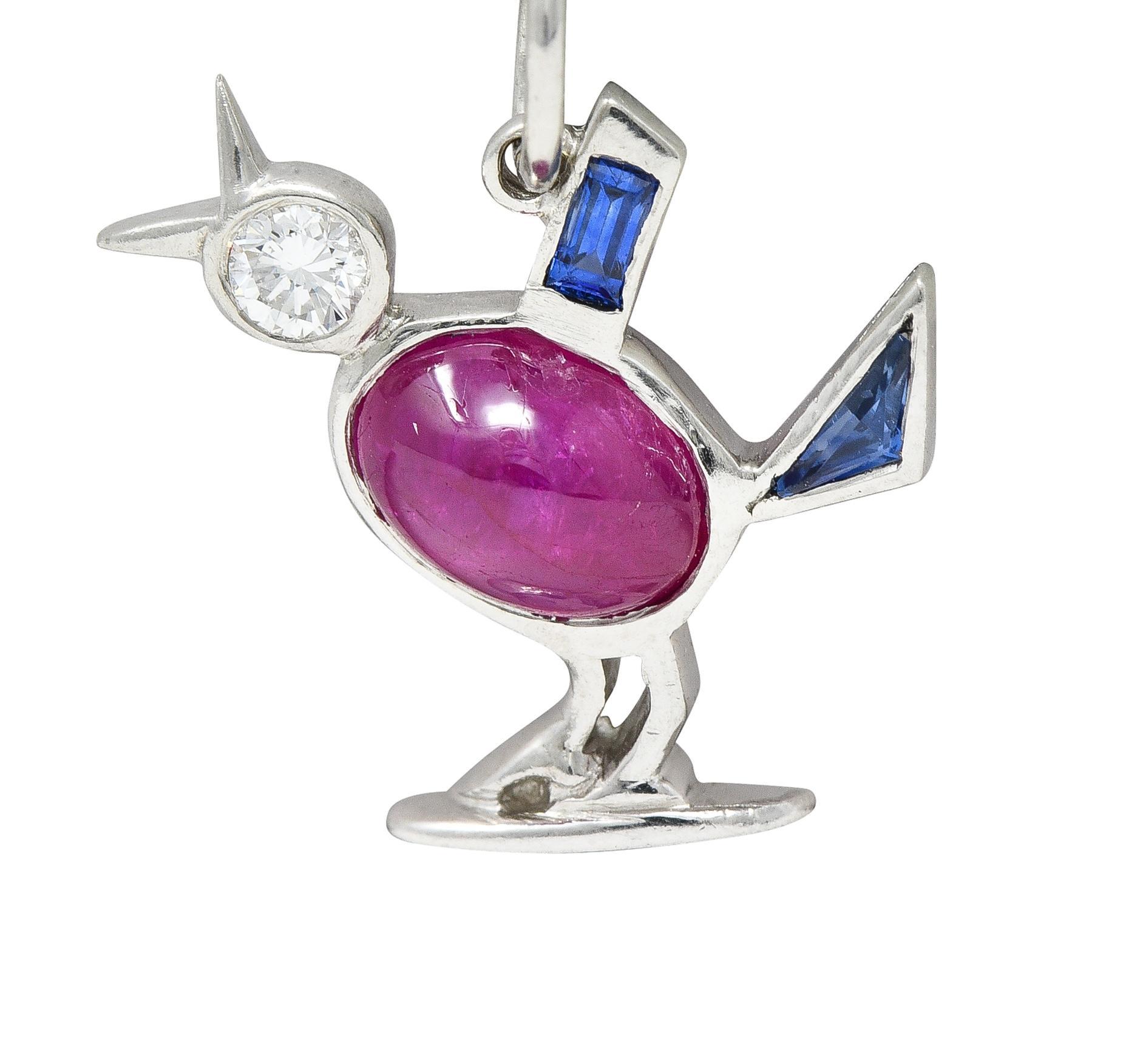 Art Deco 1.75 CTW Ruby Diamond Sapphire Platinum Bird Charm For Sale 1