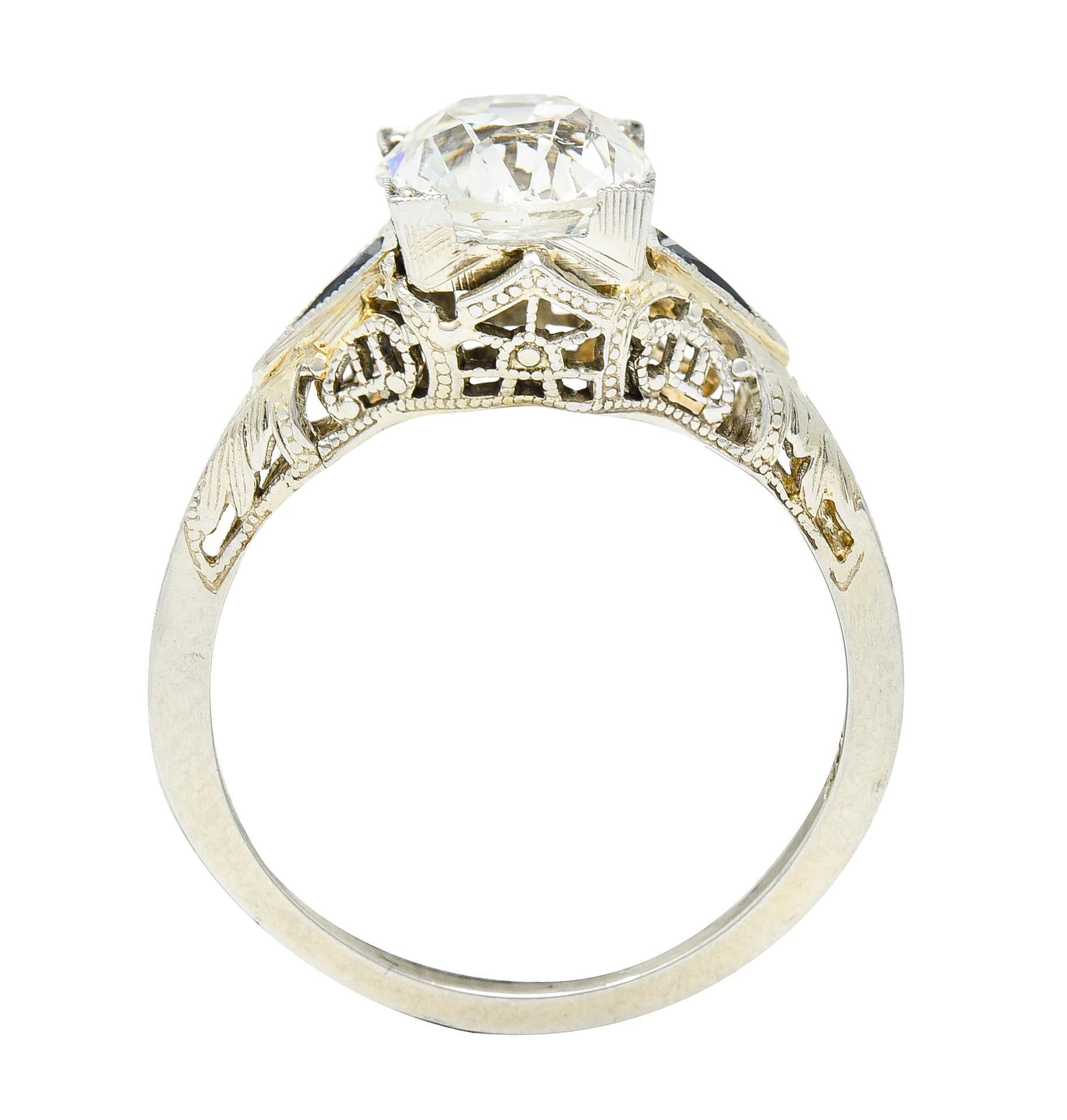 Art Deco 1.76 Carat Old European Cut Diamond Sapphire 18 Karat White Gold Ring For Sale 7