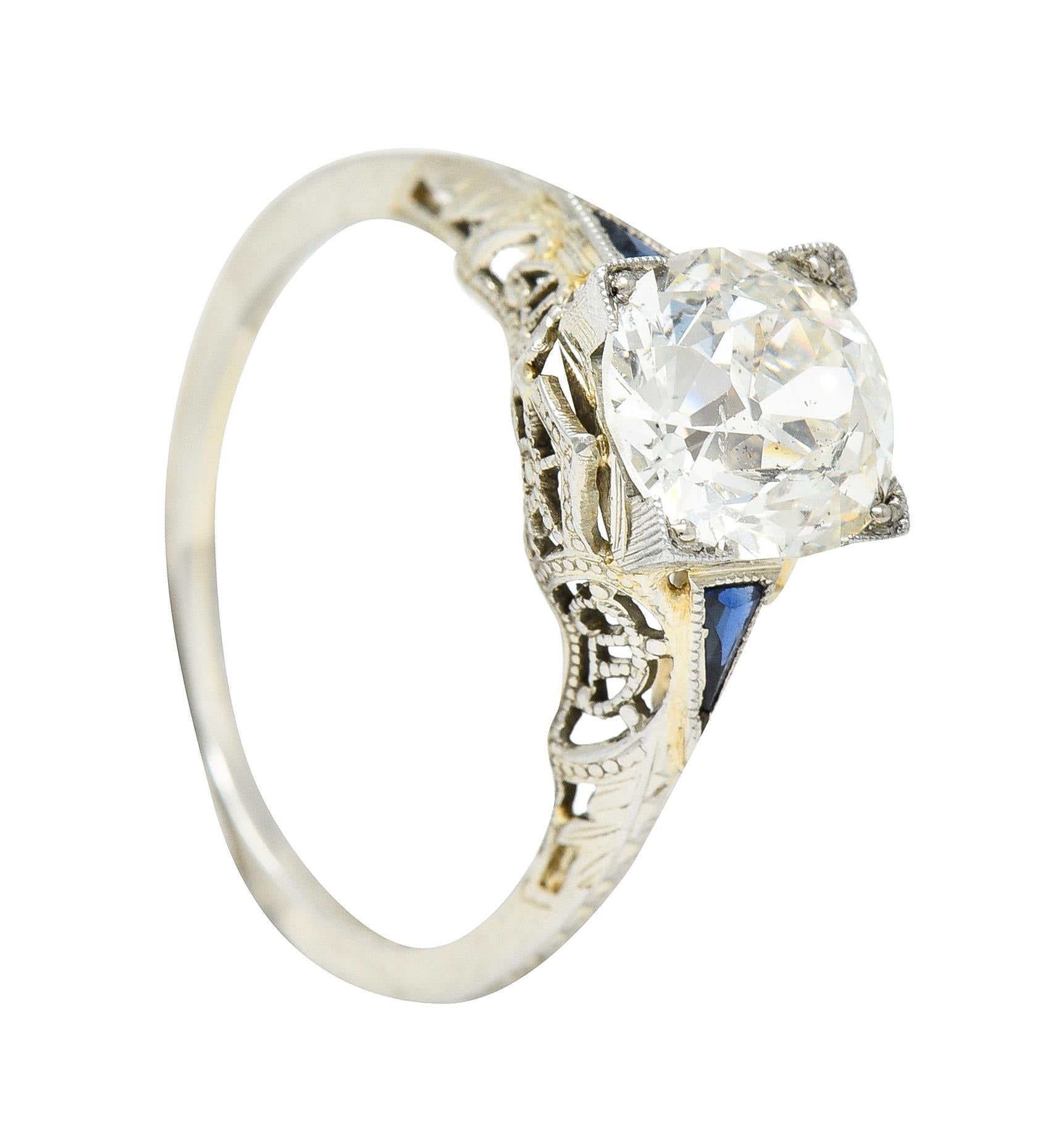 Art Deco 1.76 Carat Old European Cut Diamond Sapphire 18 Karat White Gold Ring For Sale 8