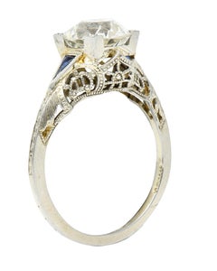 Art Deco 1.76 Carat Old European Cut Diamond Sapphire 18 Karat White Gold Ring
