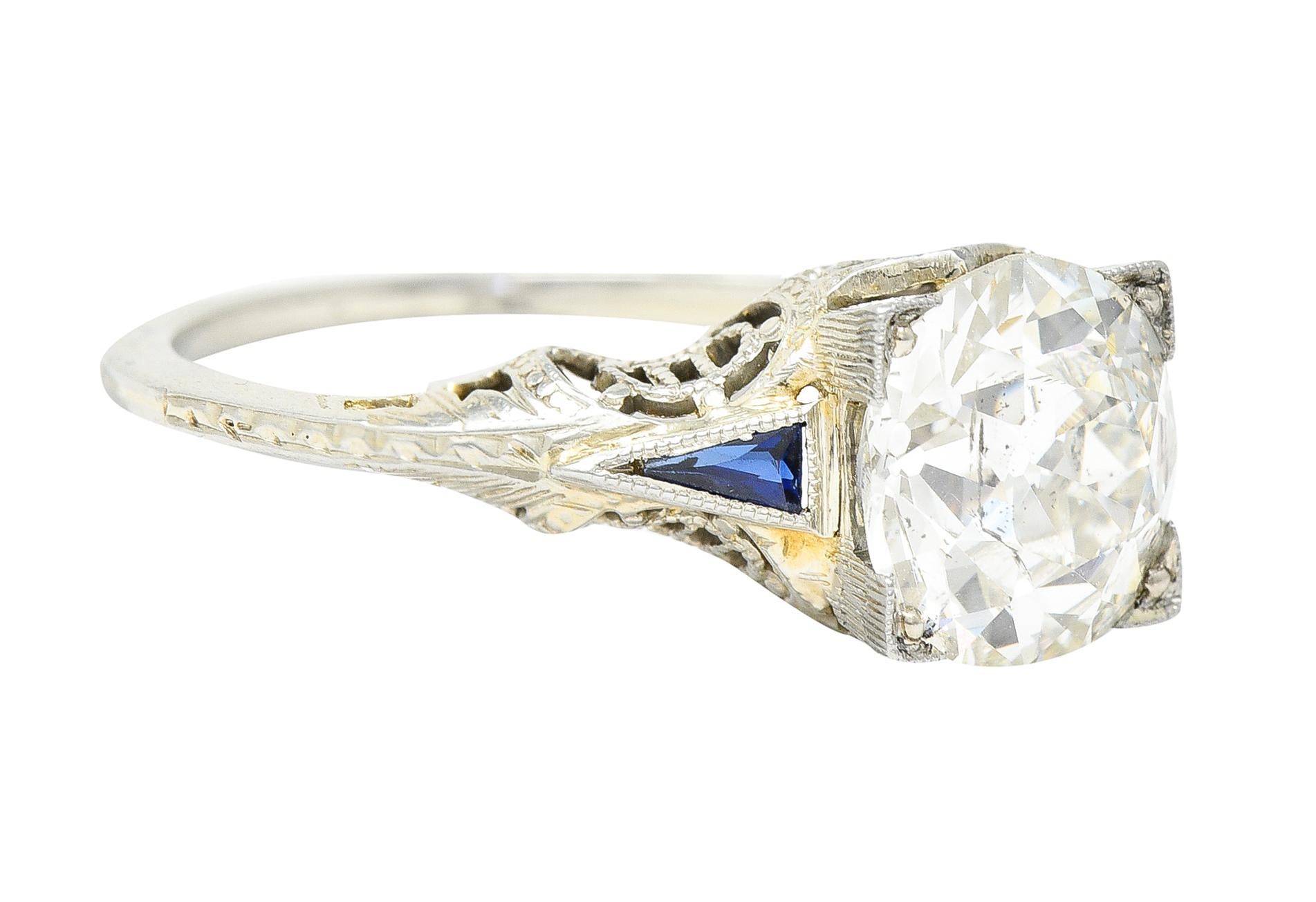 Art Deco 1.76 Carat Old European Cut Diamond Sapphire 18 Karat White Gold Ring In Excellent Condition For Sale In Philadelphia, PA