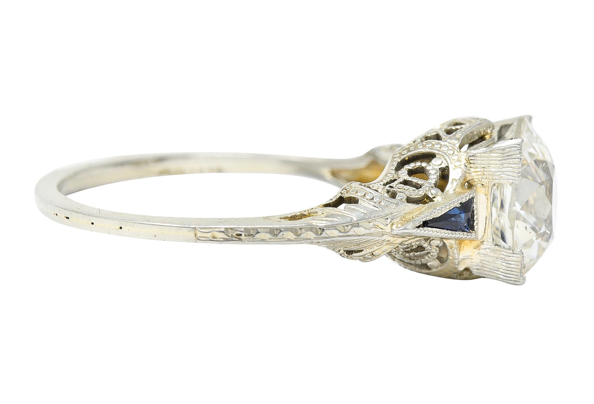 Women's or Men's Art Deco 1.76 Carat Old European Cut Diamond Sapphire 18 Karat White Gold Ring For Sale