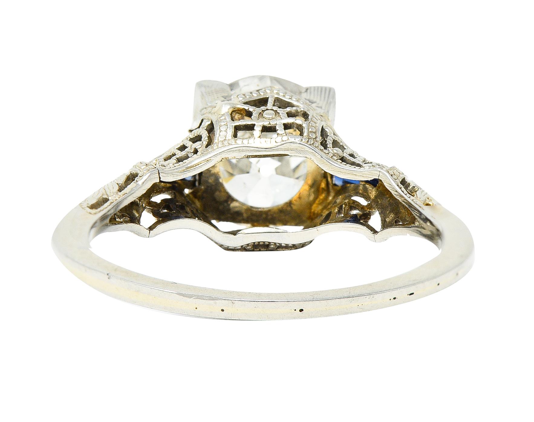 Art Deco 1.76 Carat Old European Cut Diamond Sapphire 18 Karat White Gold Ring For Sale 1