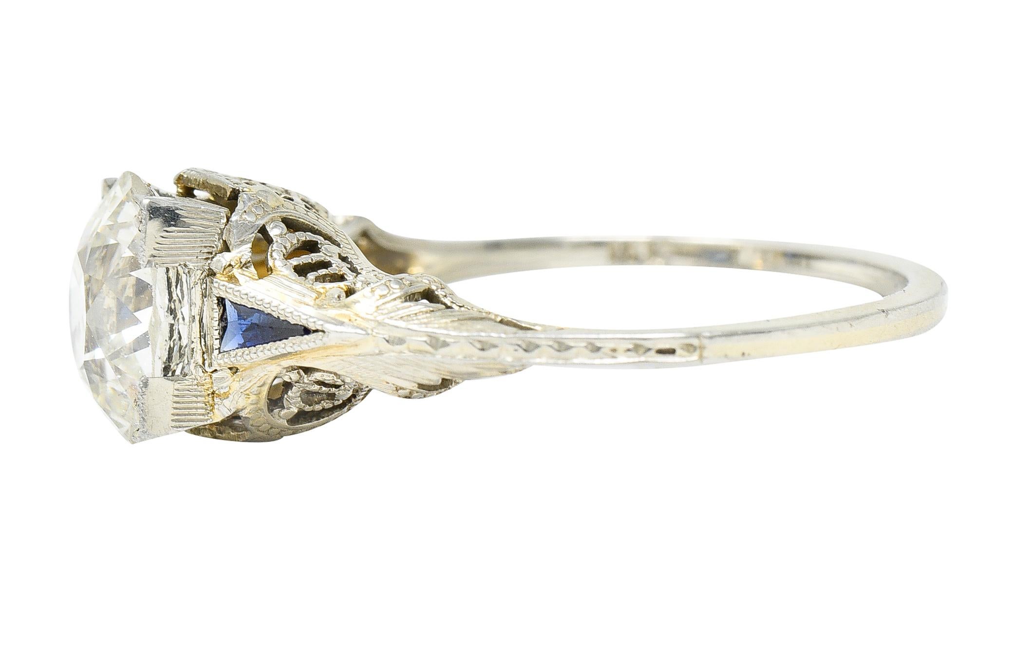Art Deco 1.76 Carat Old European Cut Diamond Sapphire 18 Karat White Gold Ring For Sale 2