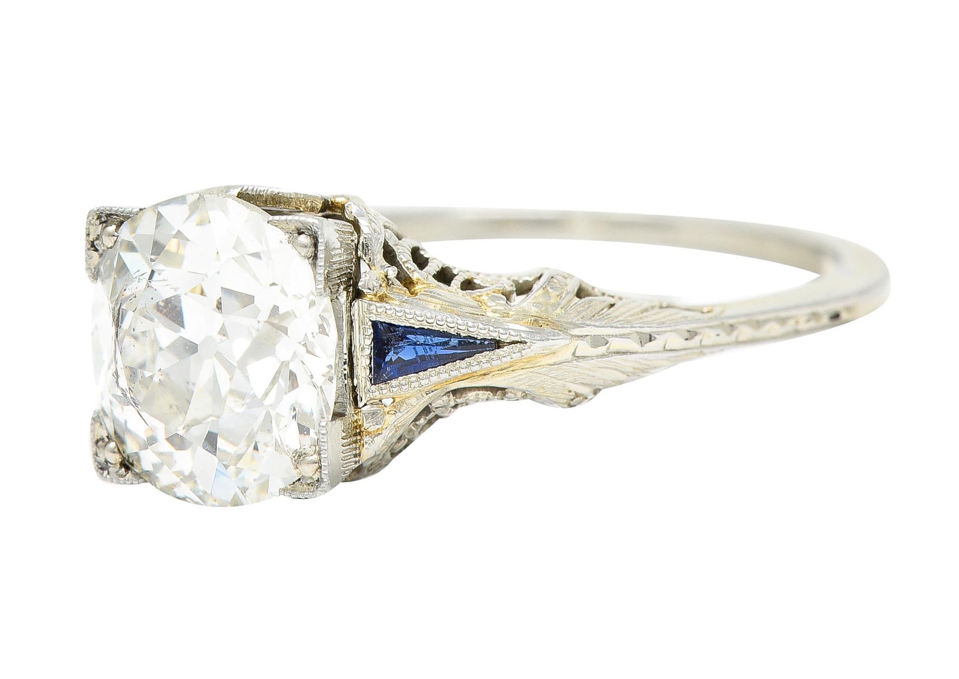 Art Deco 1.76 Carat Old European Cut Diamond Sapphire 18 Karat White Gold Ring For Sale 3