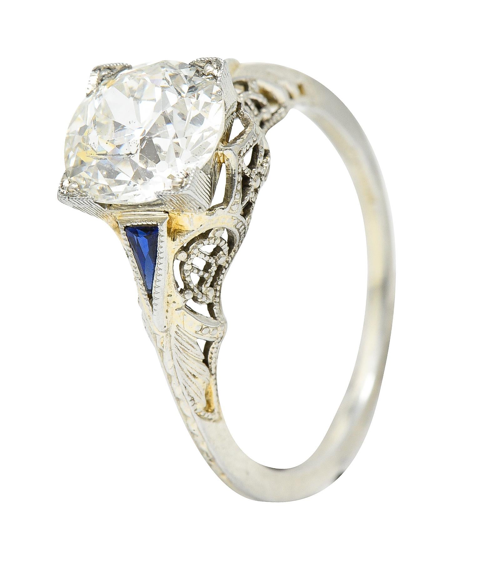 Art Deco 1.76 Carat Old European Cut Diamond Sapphire 18 Karat White Gold Ring For Sale 5