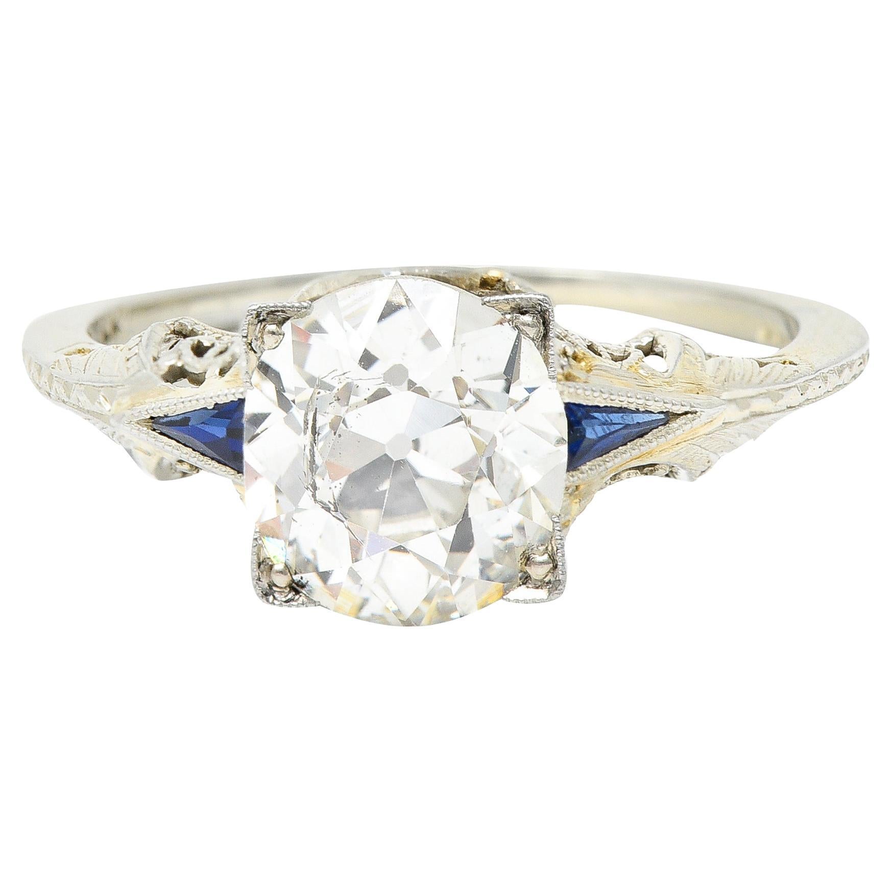 Bague Art déco en or blanc 18 carats avec saphir et diamant taille vieille Europe de 1,76 carat