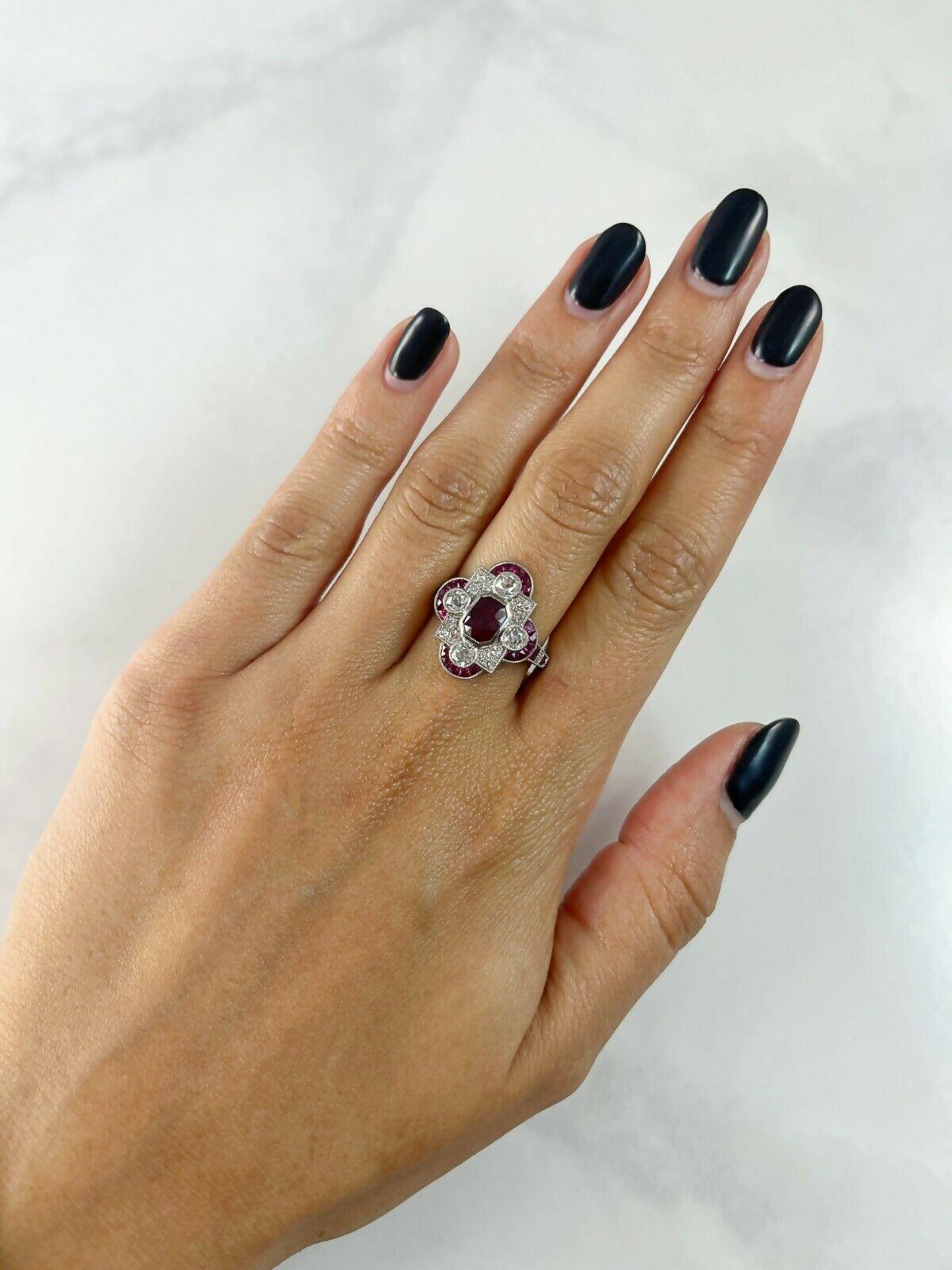 Emerald Cut Art Deco Style 1.76 Carat Ruby Diamond 2.71 TCW Platinum Engagement Ring