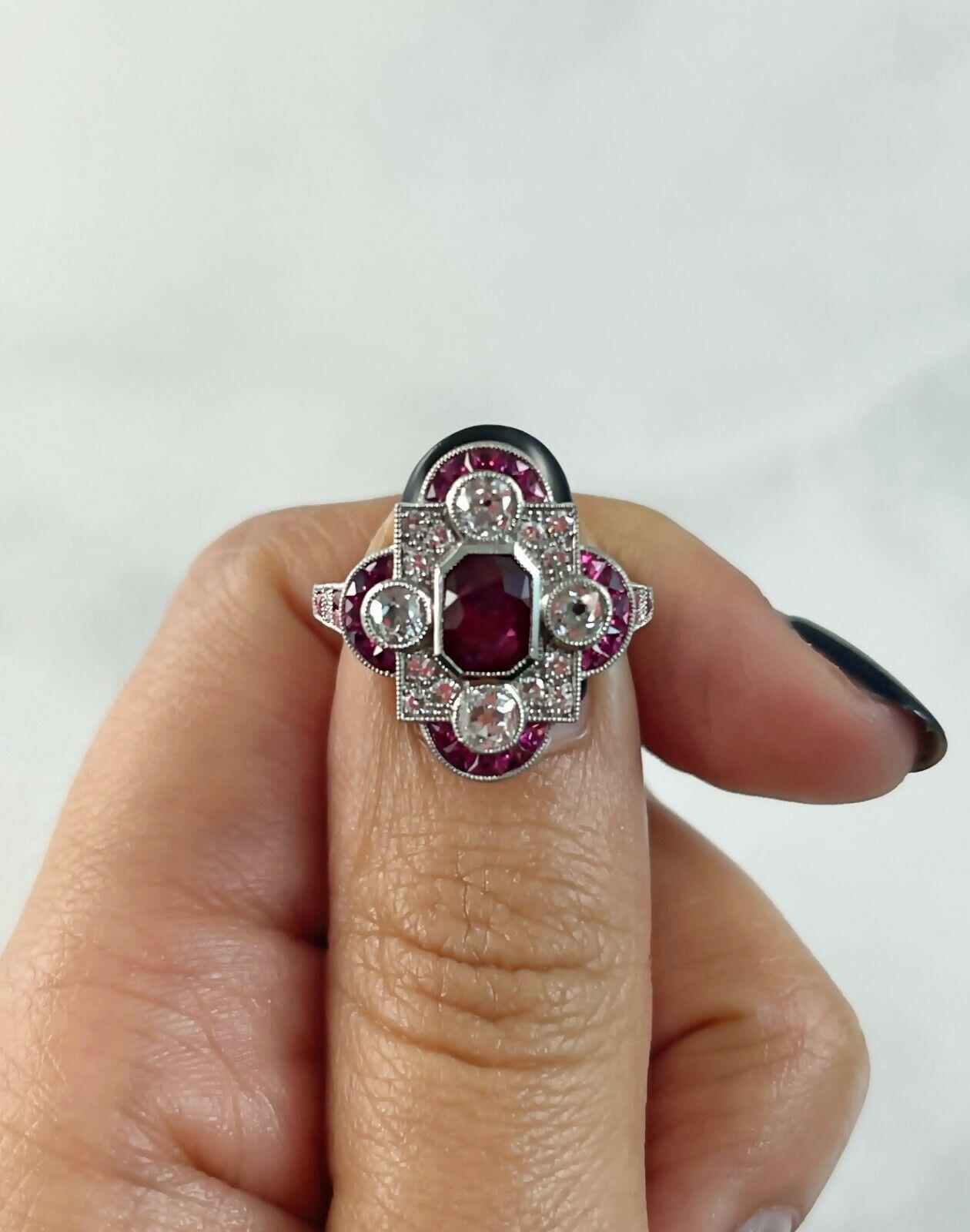 Women's Art Deco Style 1.76 Carat Ruby Diamond 2.71 TCW Platinum Engagement Ring
