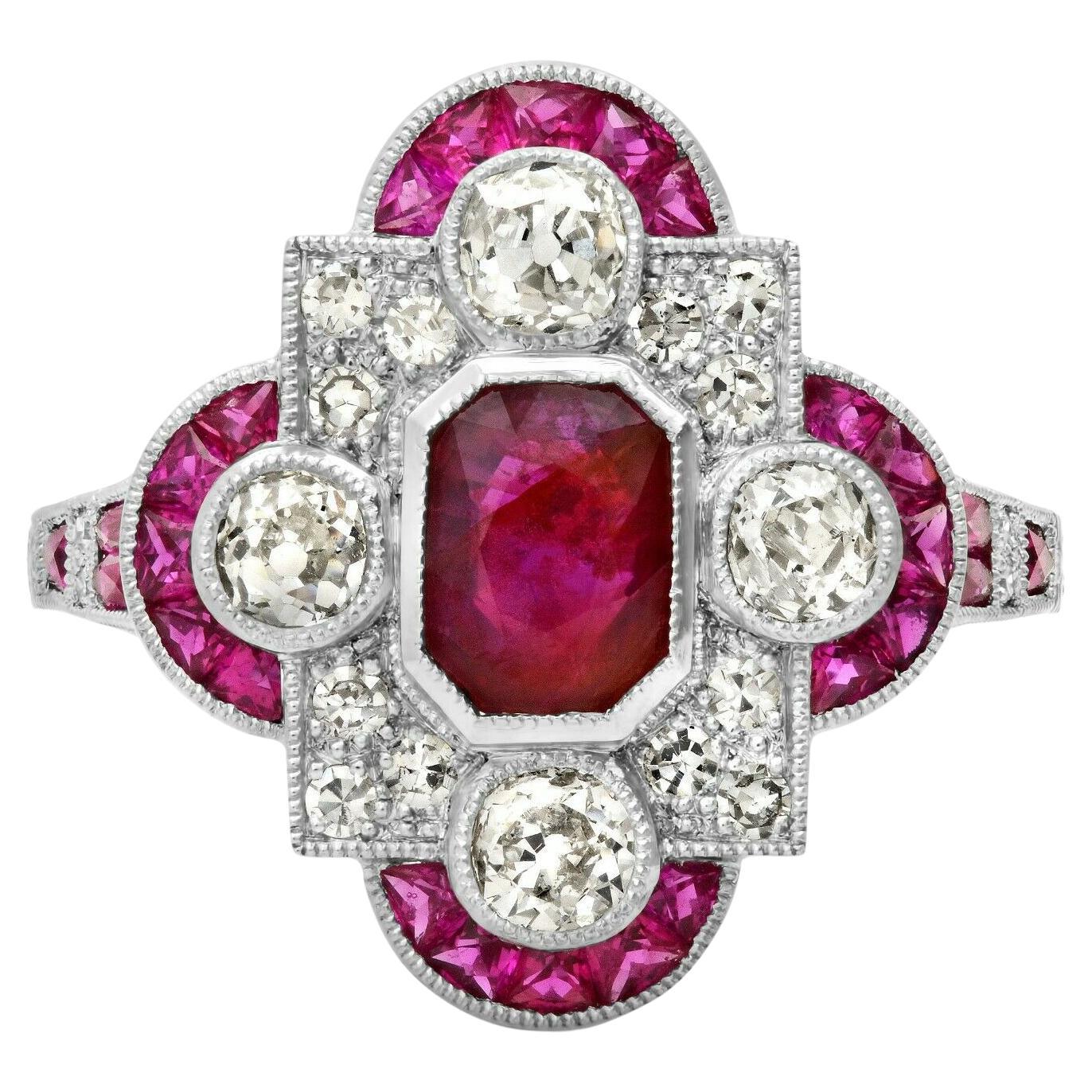 Art Deco Style 1.76 Carat Ruby Diamond 2.71 TCW Platinum Engagement Ring