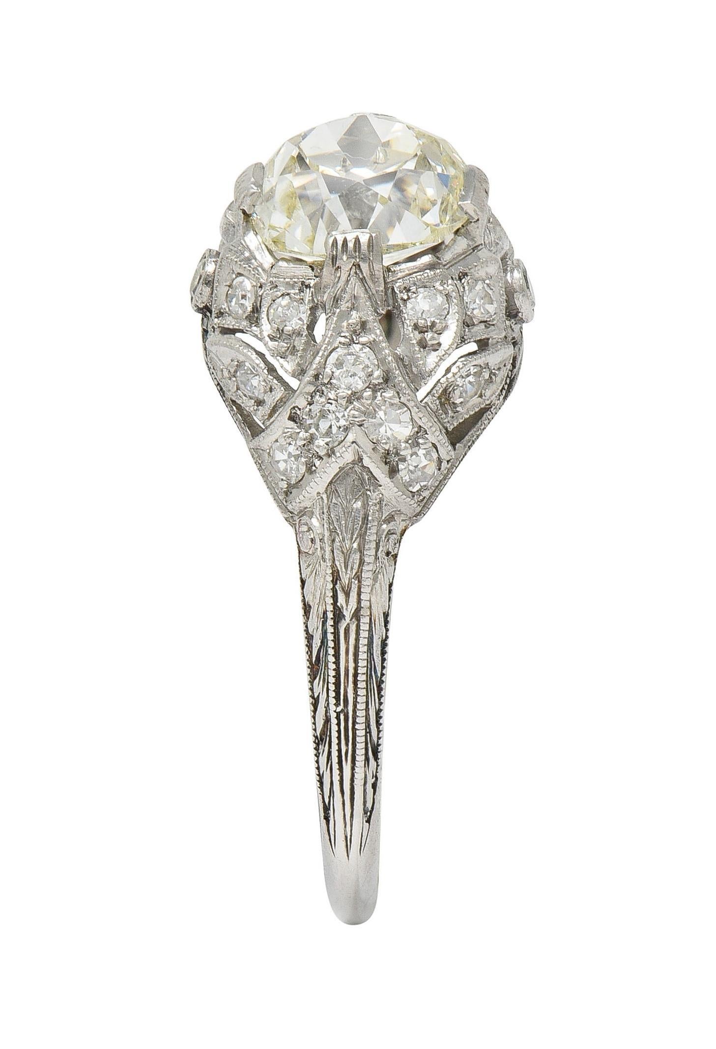 Art Deco 1.76 CTW Diamond Platinum Foliate Bombé Vintage Engagement Ring For Sale 5