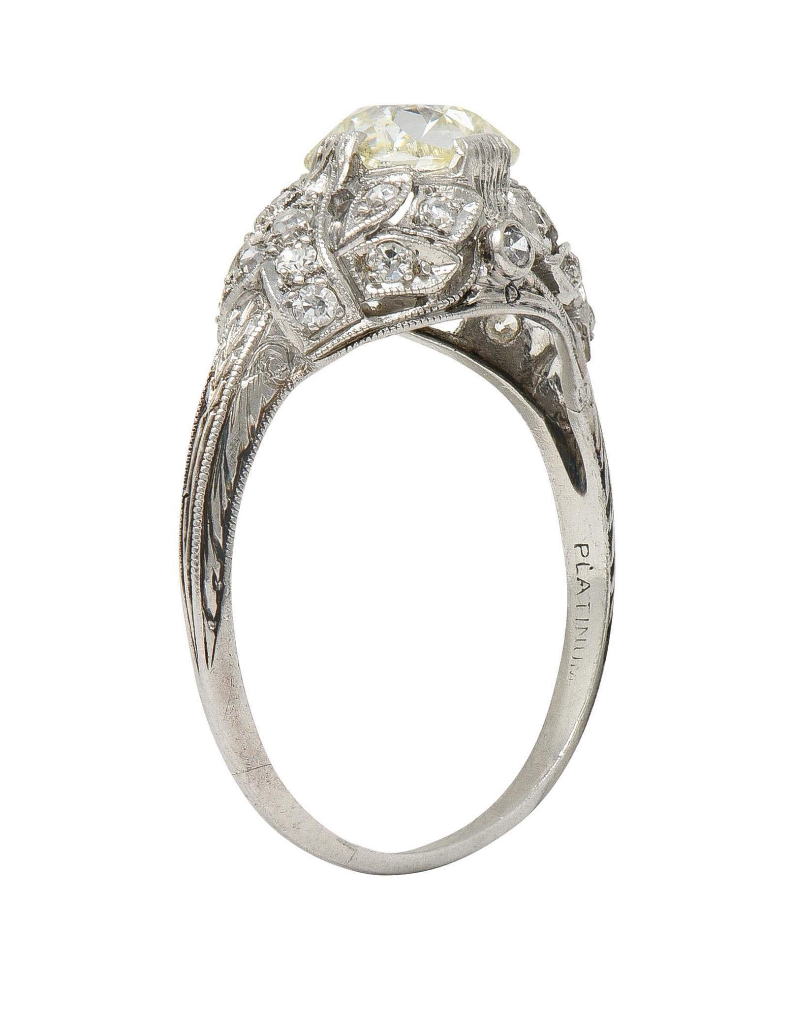 Art Deco 1.76 CTW Diamond Platinum Foliate Bombé Vintage Engagement Ring For Sale 6