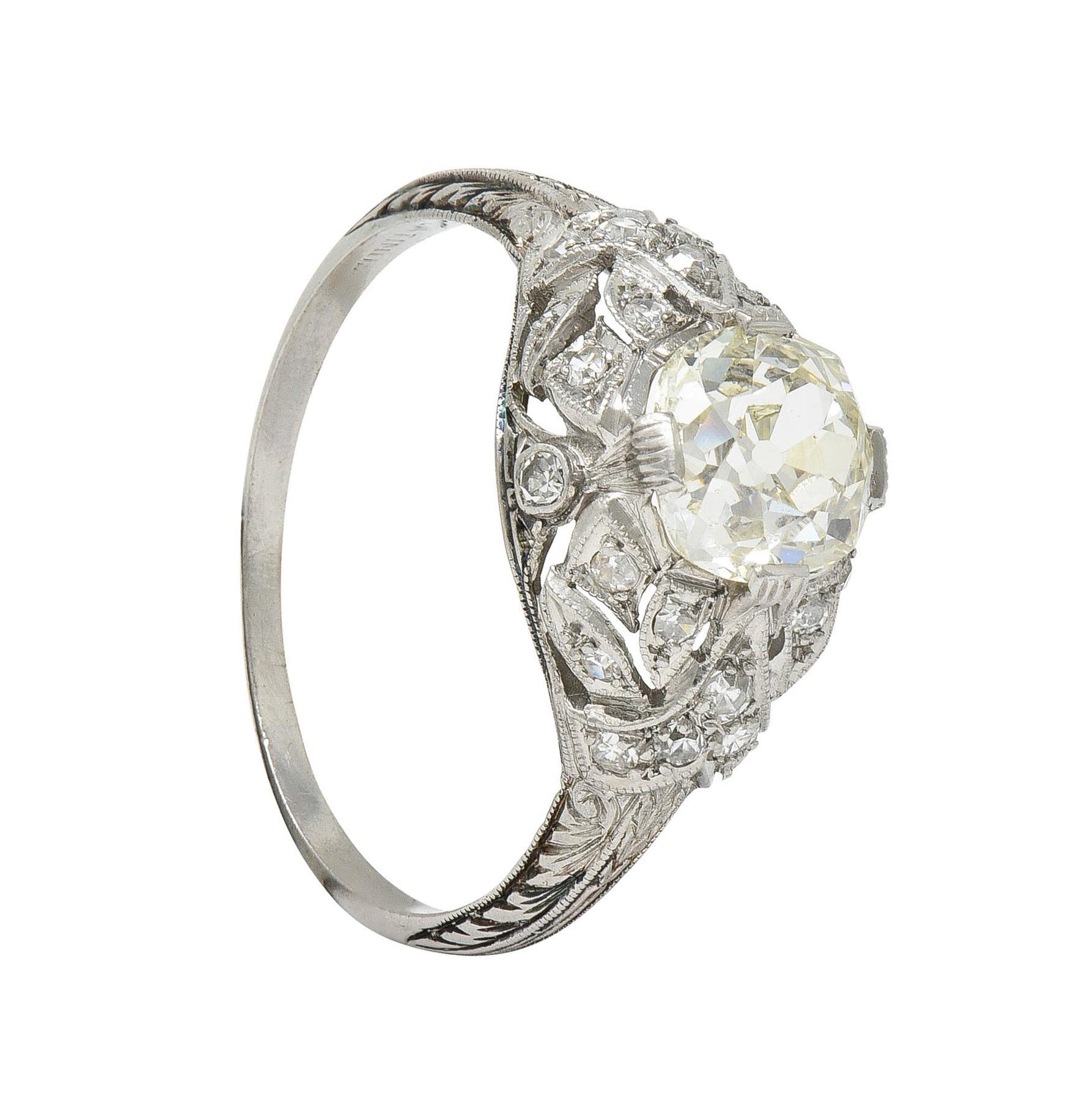 Art Deco 1.76 CTW Diamond Platinum Foliate Bombé Vintage Engagement Ring For Sale 7