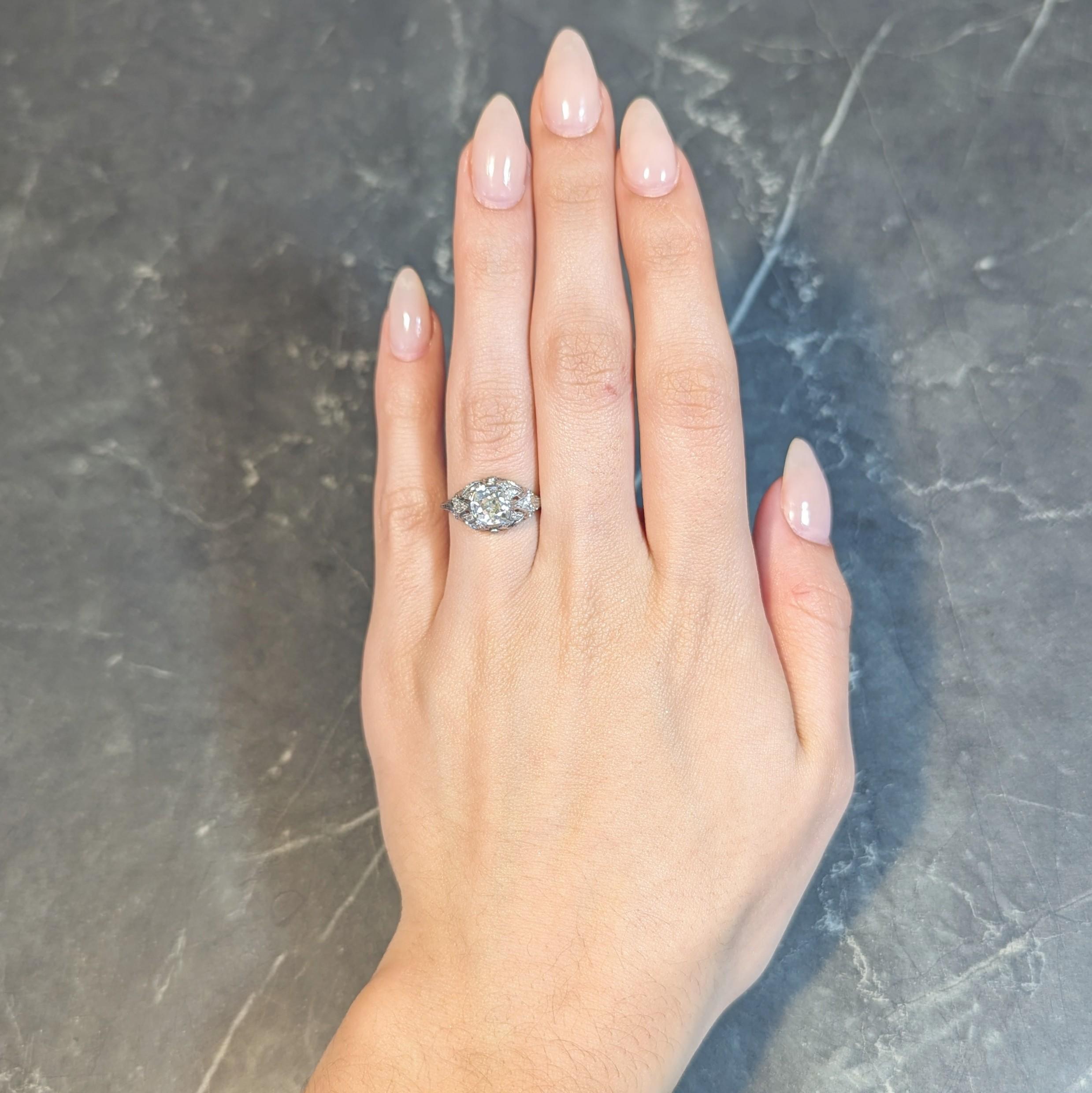 Art Deco 1.76 CTW Diamond Platinum Foliate Bombé Vintage Engagement Ring For Sale 9