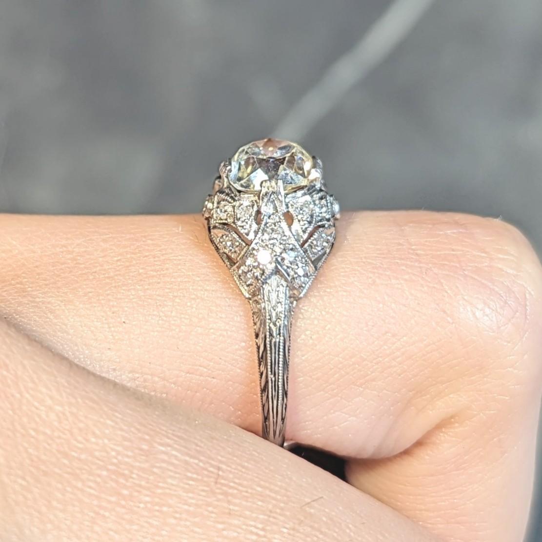 Art Deco 1.76 CTW Diamond Platinum Foliate Bombé Vintage Engagement Ring For Sale 11