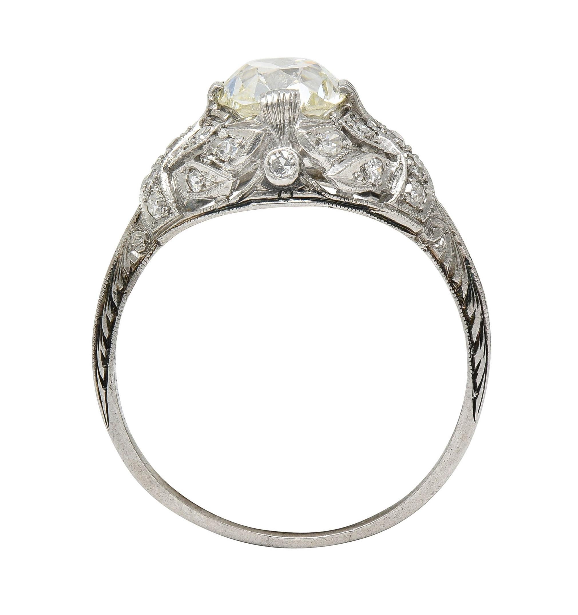 Old Mine Cut Art Deco 1.76 CTW Diamond Platinum Foliate Bombé Vintage Engagement Ring For Sale