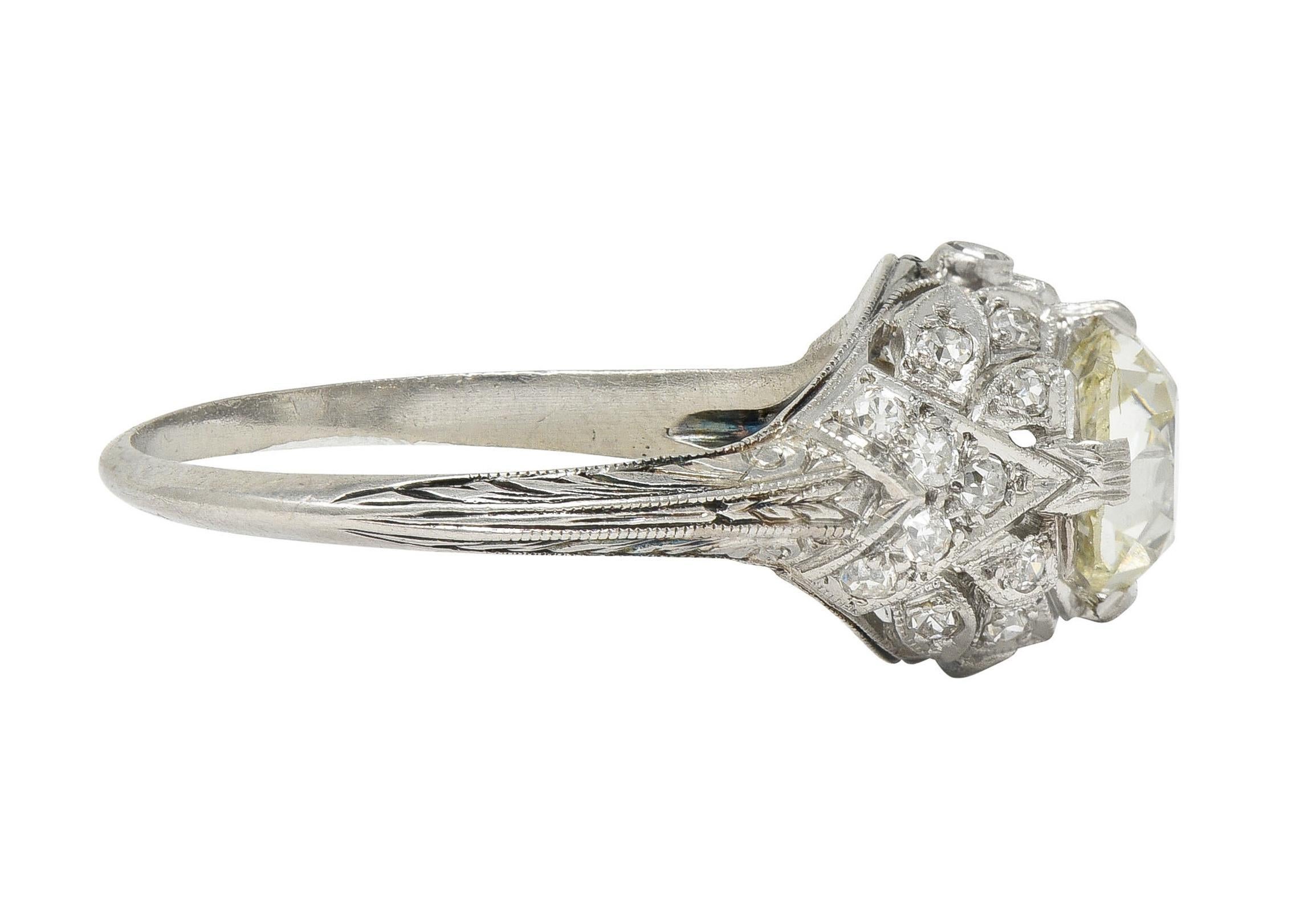 Art Deco 1.76 CTW Diamond Platinum Foliate Bombé Vintage Engagement Ring In Excellent Condition For Sale In Philadelphia, PA