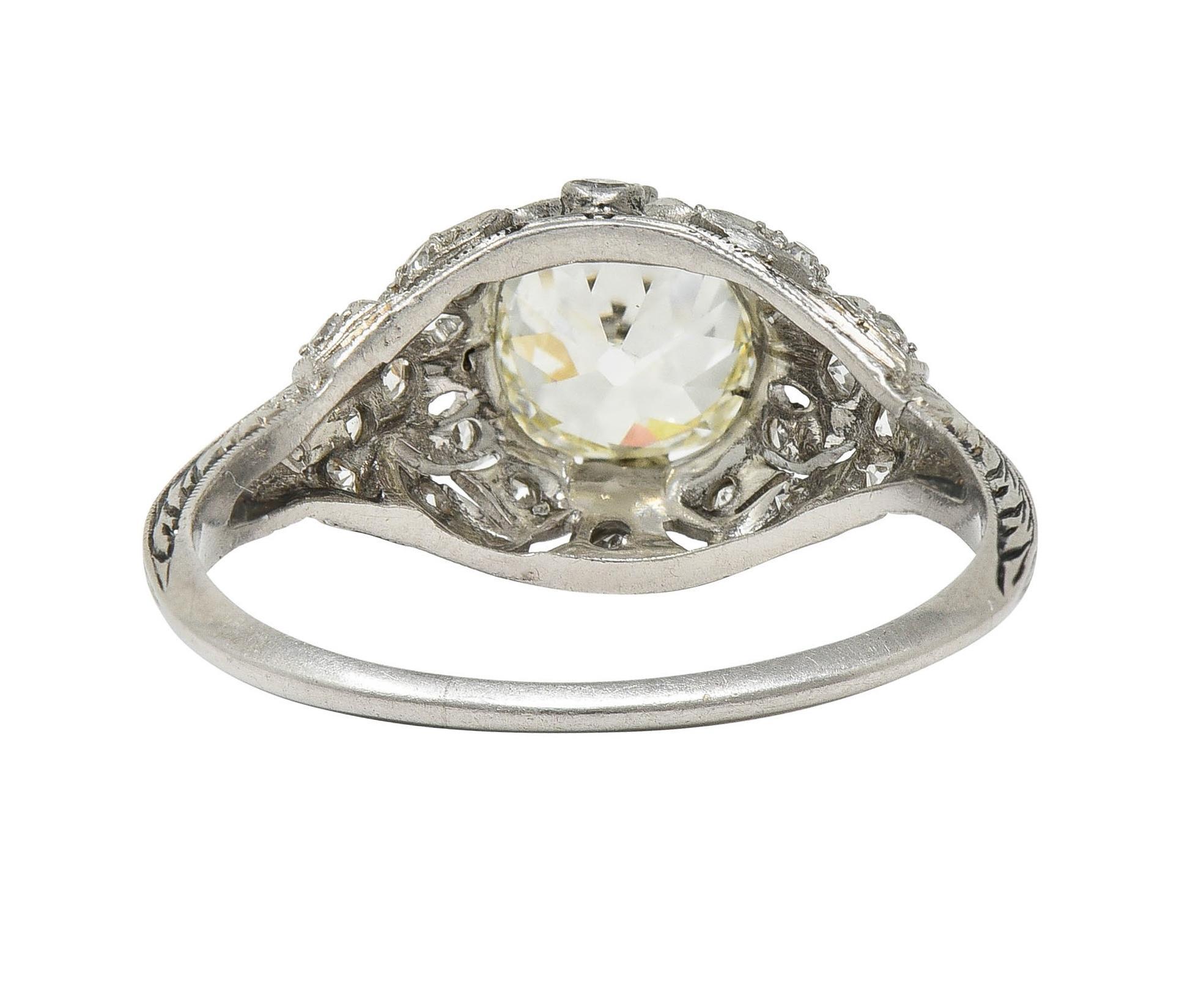 Women's or Men's Art Deco 1.76 CTW Diamond Platinum Foliate Bombé Vintage Engagement Ring For Sale