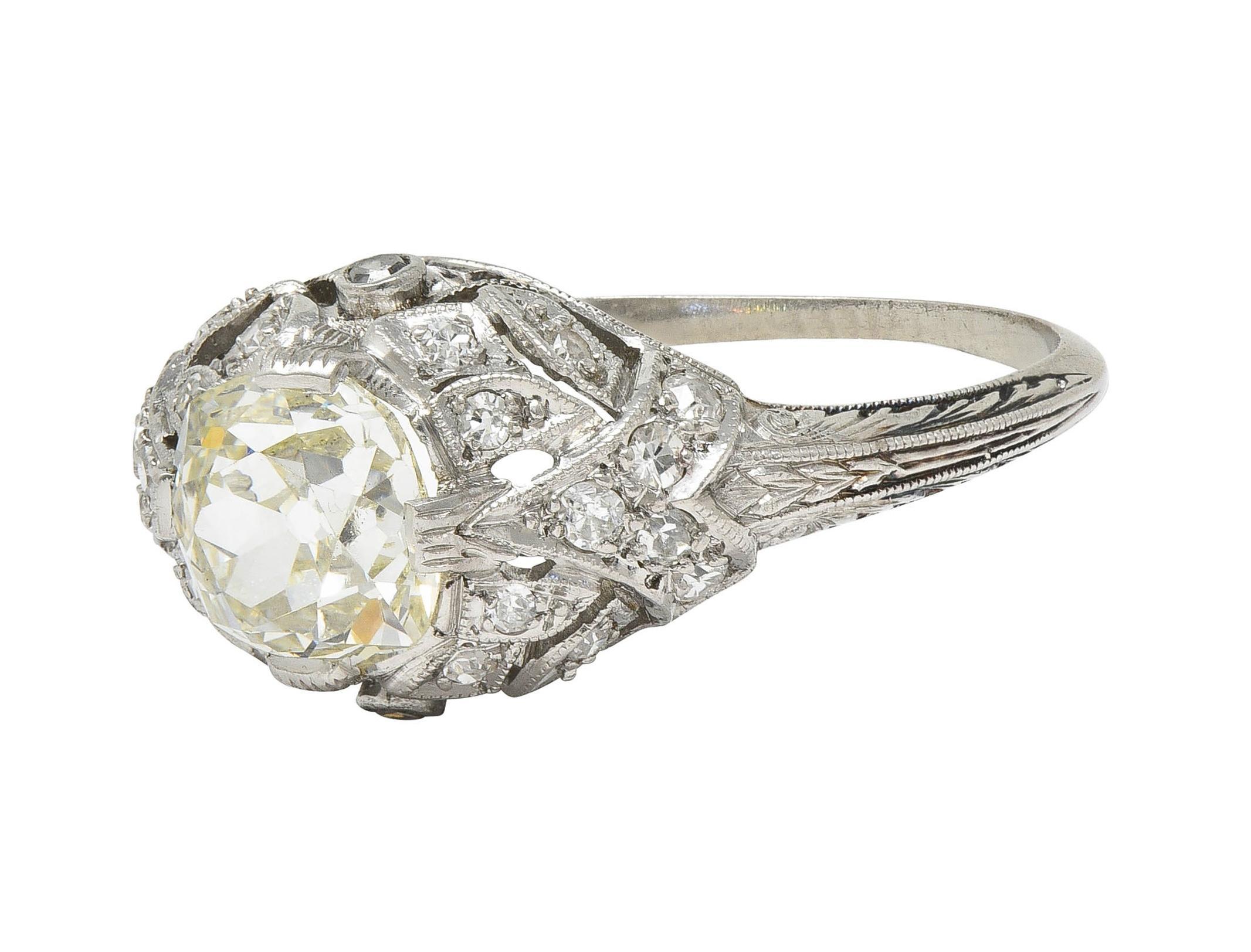 Art Deco 1.76 CTW Diamond Platinum Foliate Bombé Vintage Engagement Ring For Sale 2
