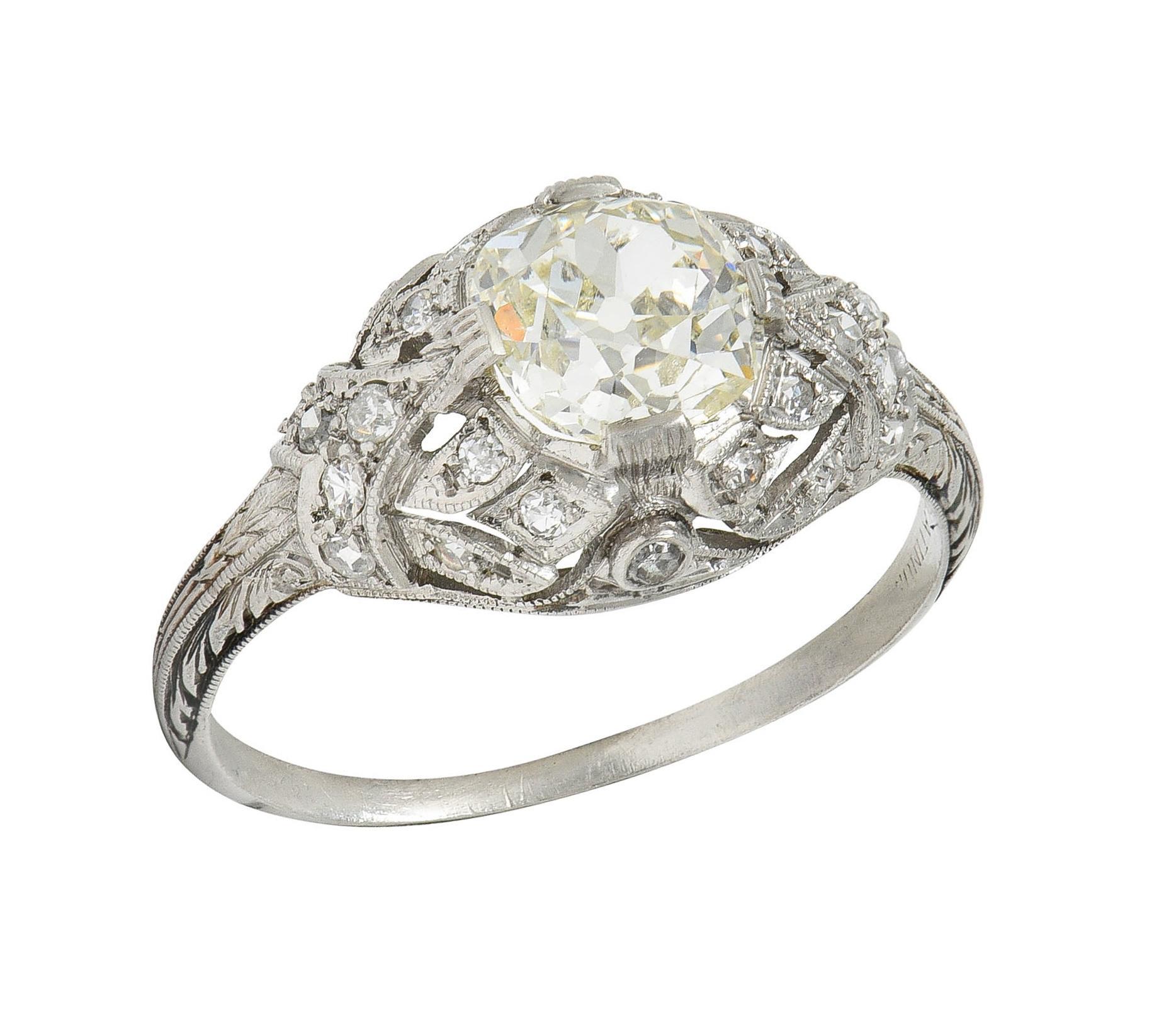 Art Deco 1.76 CTW Diamond Platinum Foliate Bombé Vintage Engagement Ring For Sale 4
