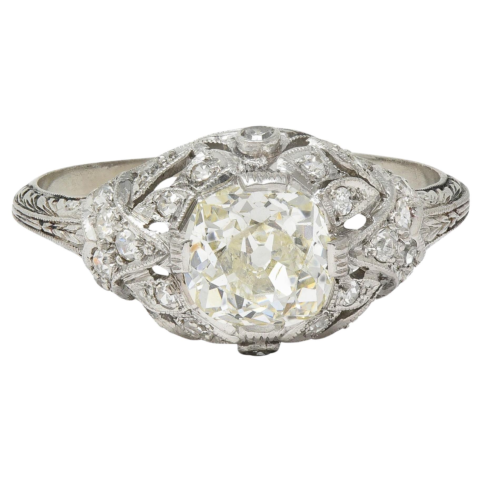 Art Deco 1.76 CTW Diamond Platinum Foliate Bombé Vintage Engagement Ring For Sale