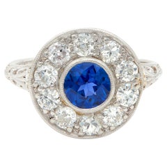 Art Deco 1.76 CTW Sapphire Diamond Platinum Antique Laurel Halo Ring