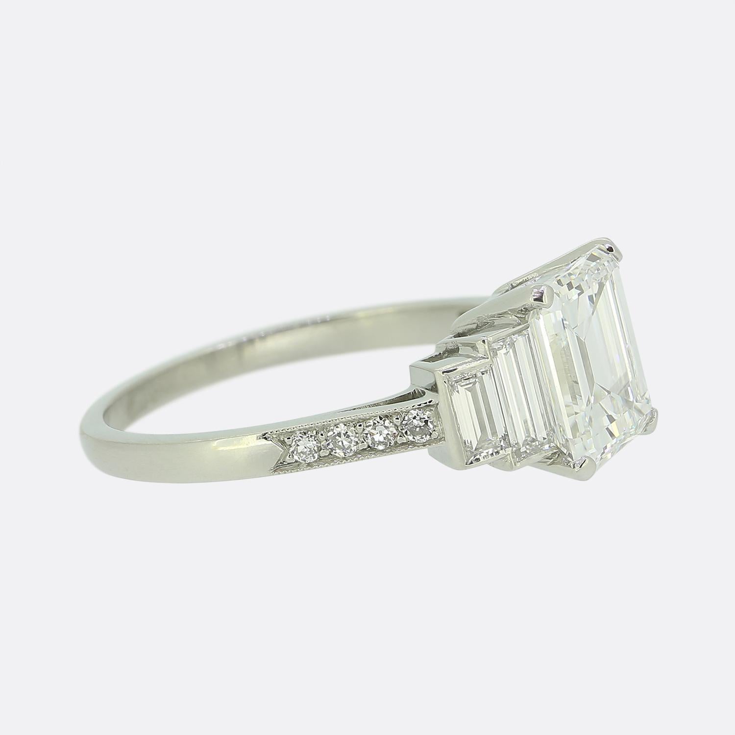 Art Deco 1.77 Carat Emerald Cut Diamond Engagement Ring In Good Condition For Sale In London, GB