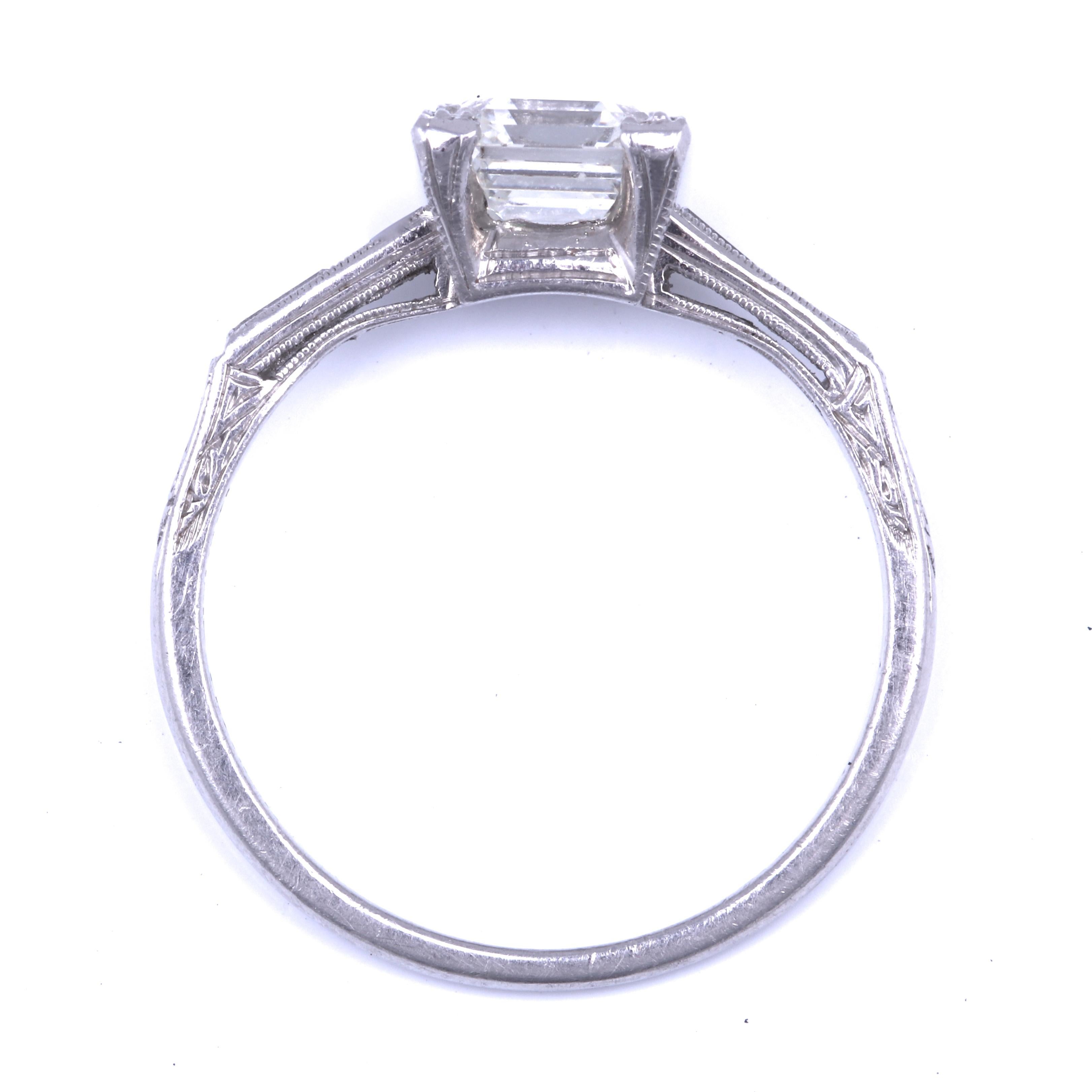 Art Deco 1.77 Carat Emerald Cut Diamond Platinum Engagement Ring In Excellent Condition In Beverly Hills, CA