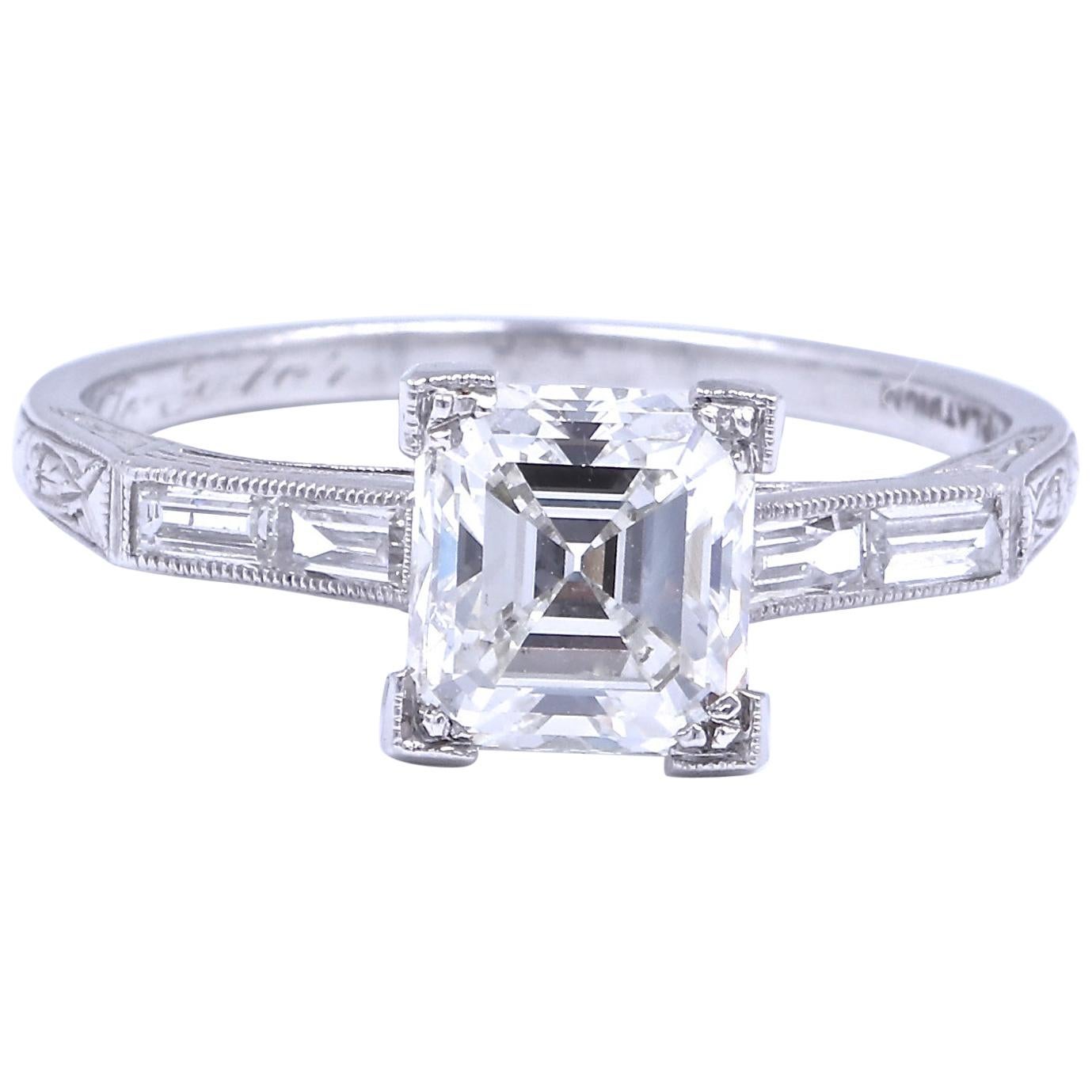 Art Deco 1.77 Carat Emerald Cut Diamond Platinum Engagement Ring