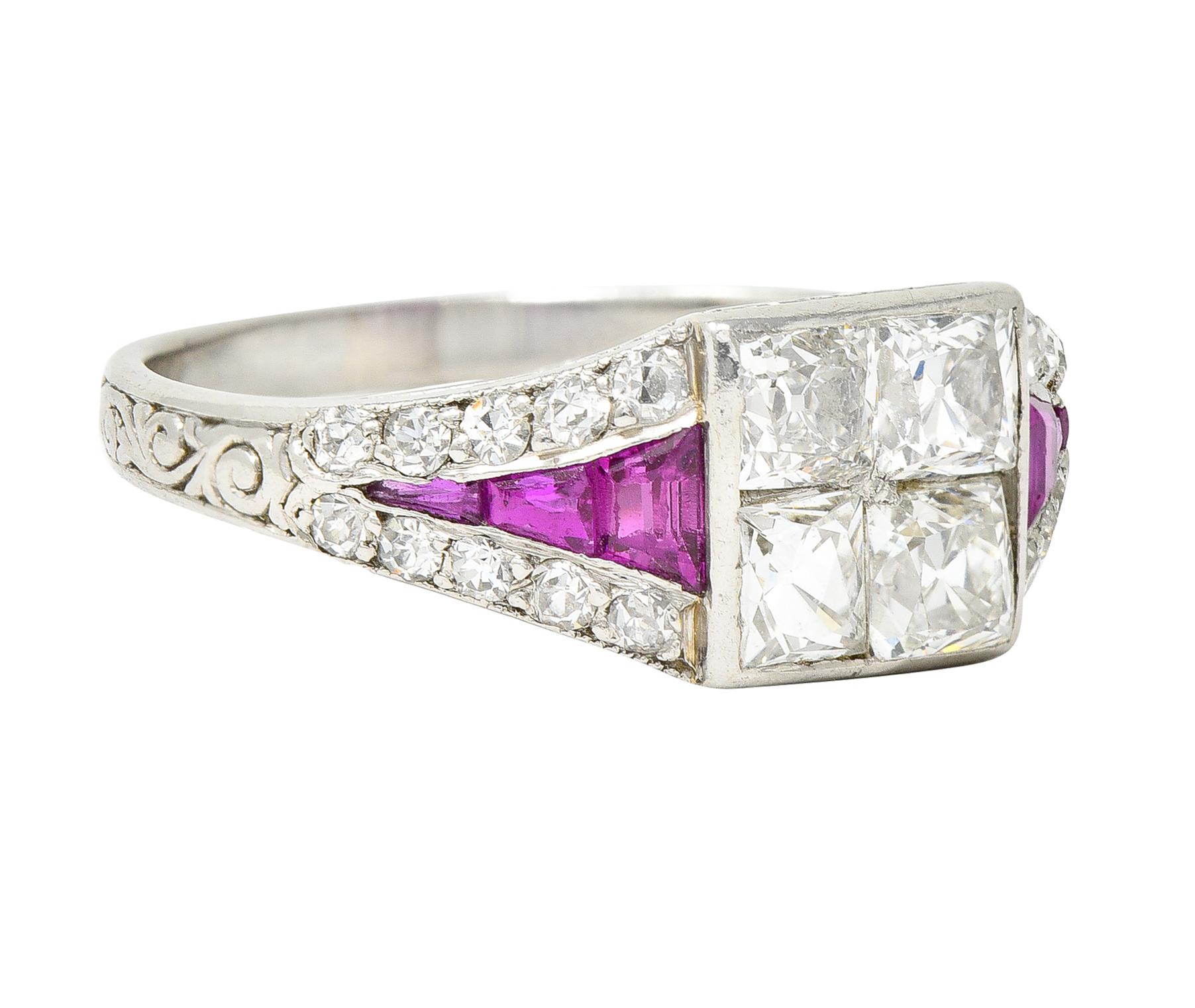 Band ring features a square form center mystery set with four French cut diamonds. Weighing collectively approximately 1.12 carats with H/I color and VS2 clarity. Flanked by rubies calibré cut into a pointed motif. Weighing in total approximately