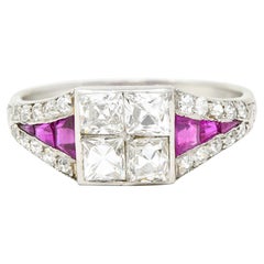 Art Deco 1.77 Carats French Cut Diamond Ruby Platinum Mystery Engagement Ring