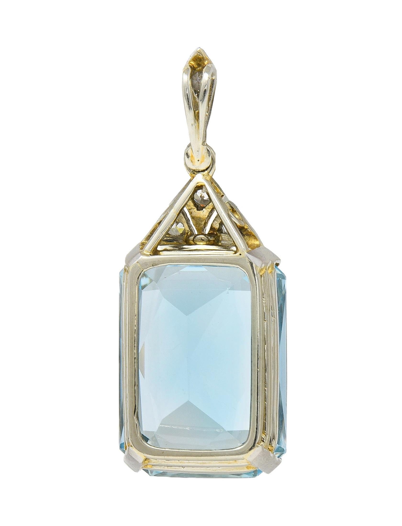 Radiant Cut Art Deco 17.70 CTW Aquamarine Diamond Platinum 18 Karat Gold Antique Pendant For Sale