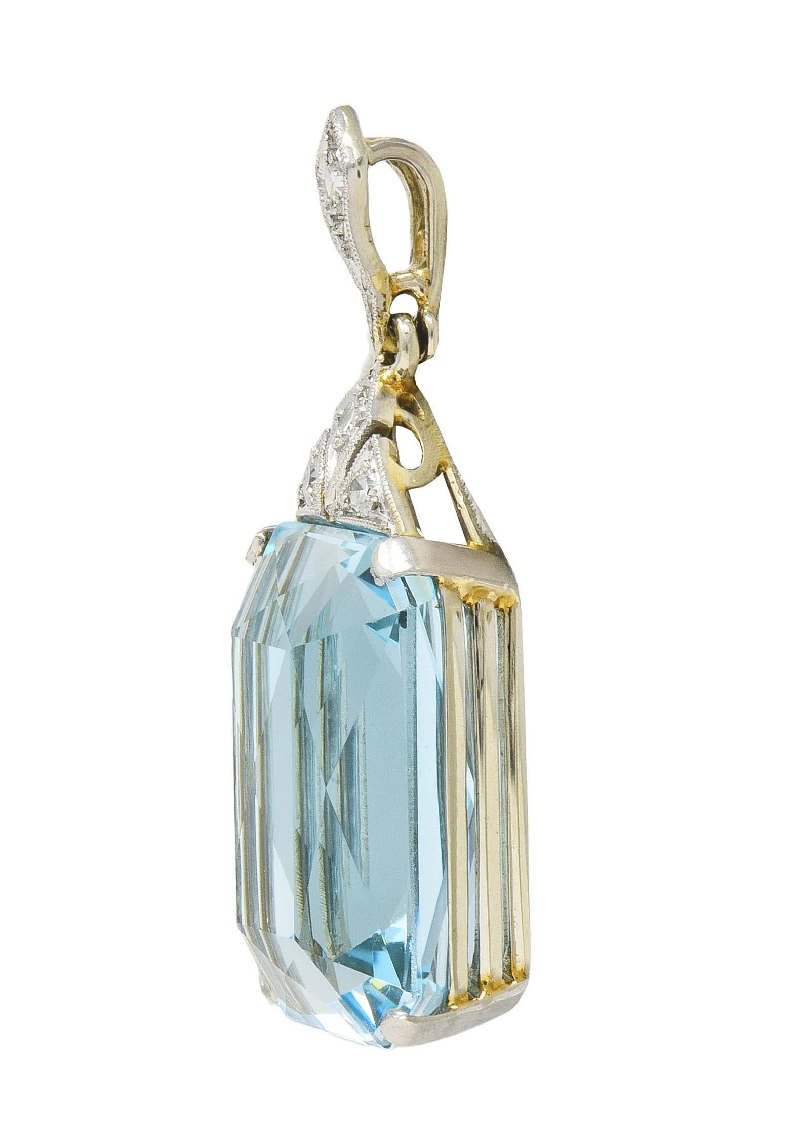 Art Deco 17.70 CTW Aquamarine Diamond Platinum 18 Karat Gold Antique Pendant In Excellent Condition For Sale In Philadelphia, PA