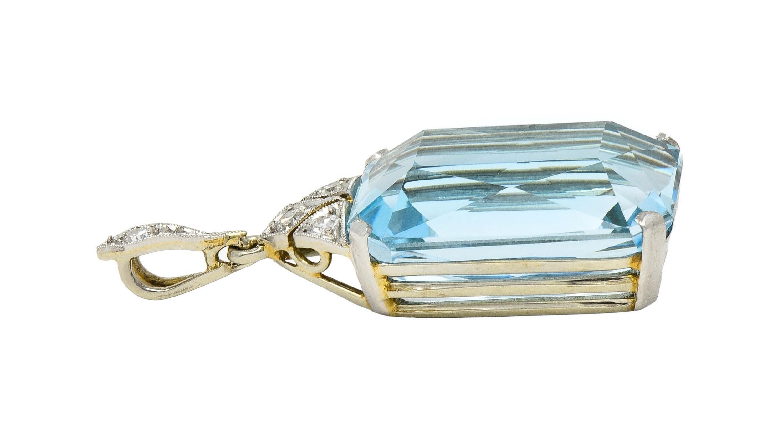 Women's or Men's Art Deco 17.70 CTW Aquamarine Diamond Platinum 18 Karat Gold Antique Pendant For Sale