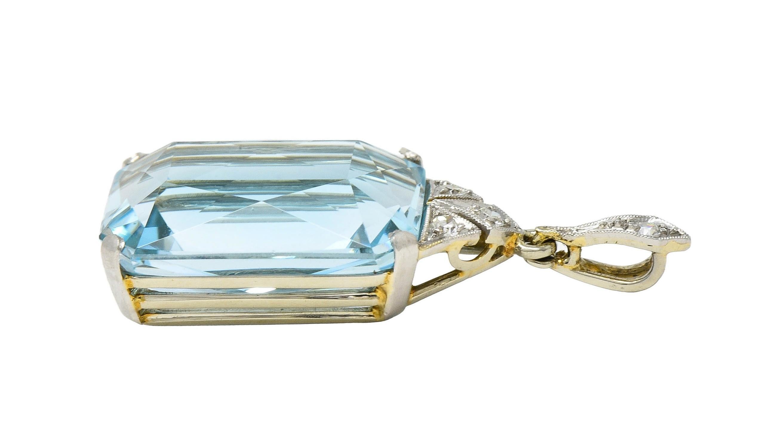 Art Deco 17.70 CTW Aquamarine Diamond Platinum 18 Karat Gold Antique Pendant For Sale 1