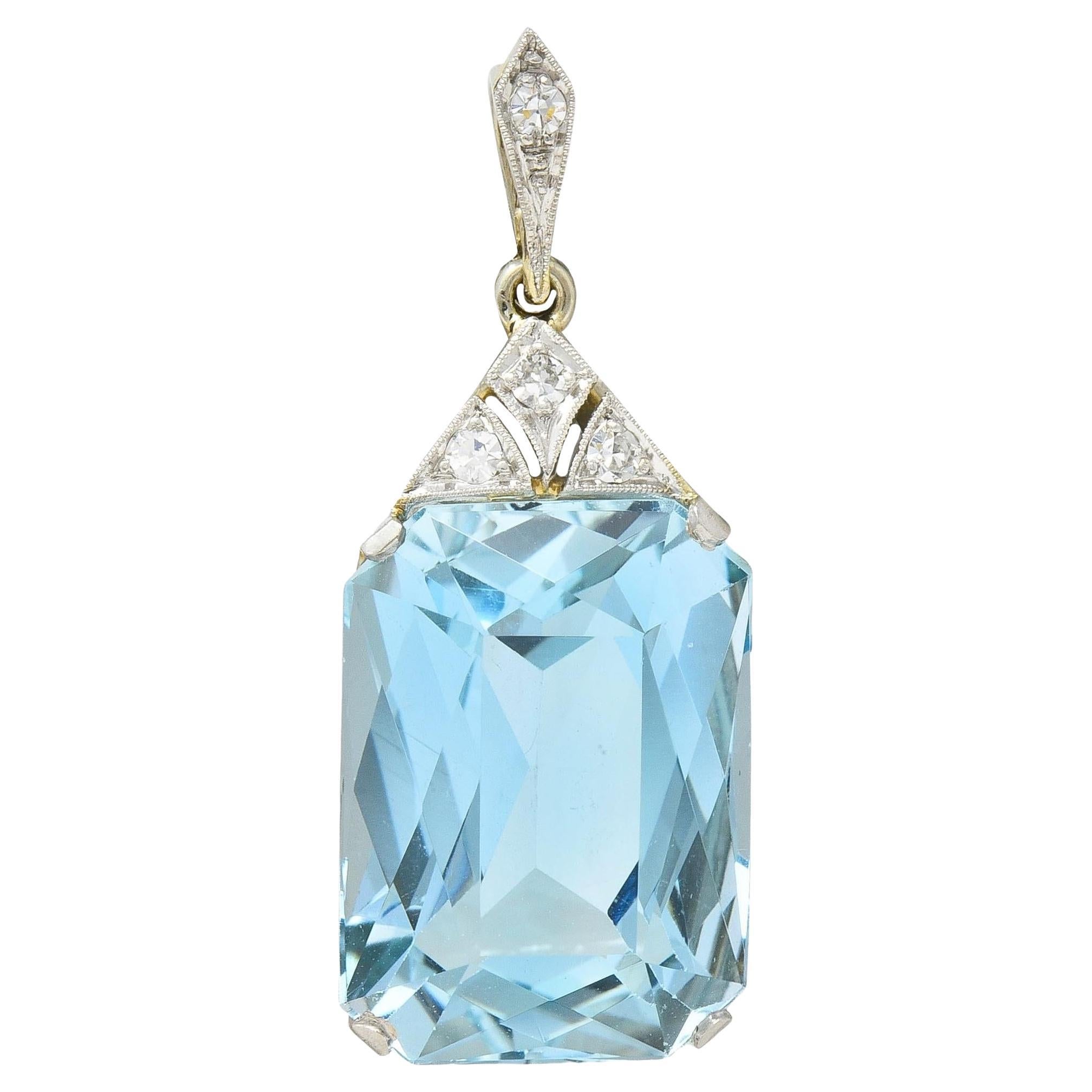 Art Deco 17.70 CTW Aquamarine Diamond Platinum 18 Karat Gold Antique Pendant