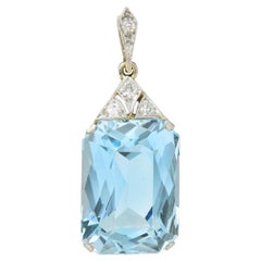 Art Deco 17.70 CTW Aquamarine Diamond Platinum 18 Karat Gold Antique Pendant