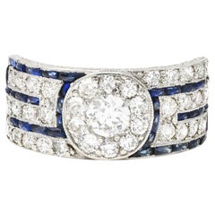 Art Deco 1.78 Carat Old European Cut Diamond Sapphire Greek Key Platinum Ring