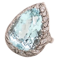 Vintage Art Deco 17.80 Carat Pear Aquamarine Diamond Platinum Ring Estate Fine Jewelry