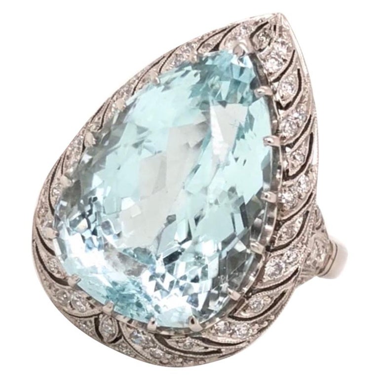 Art Deco 17.80 Carat Pear Aquamarine Diamond Platinum Ring Estate Fine ...