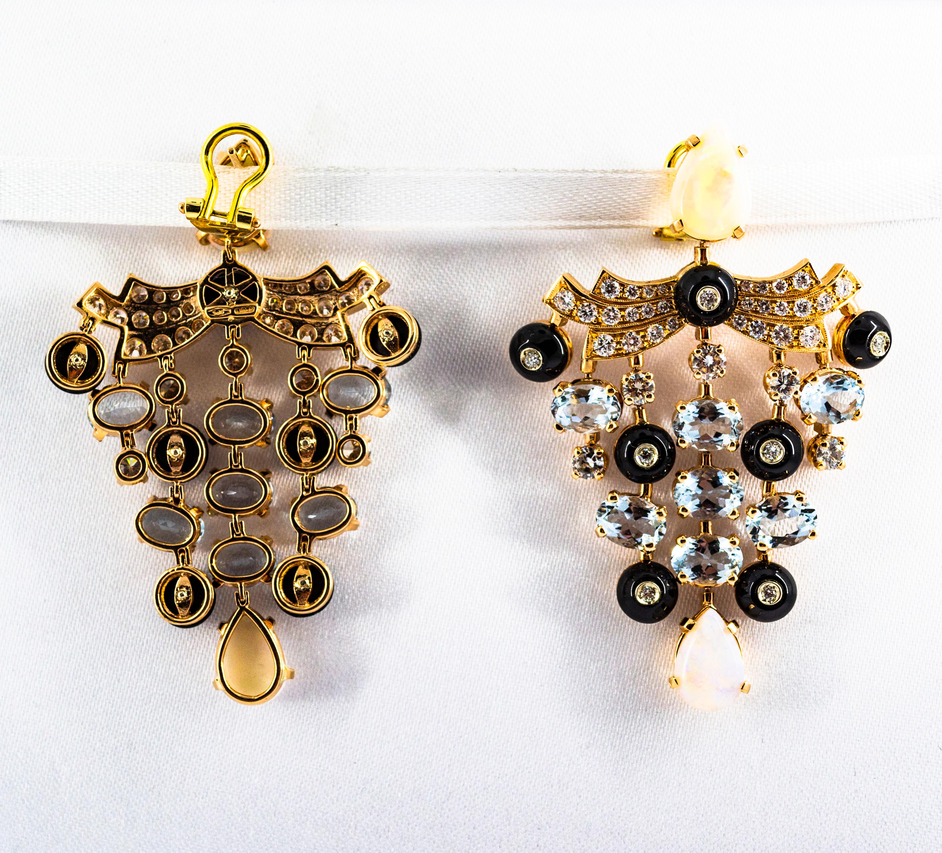 Women's or Men's Art Deco Style White Diamond Opal Aquamarine Yellow Gold Clip-On Earrings For Sale
