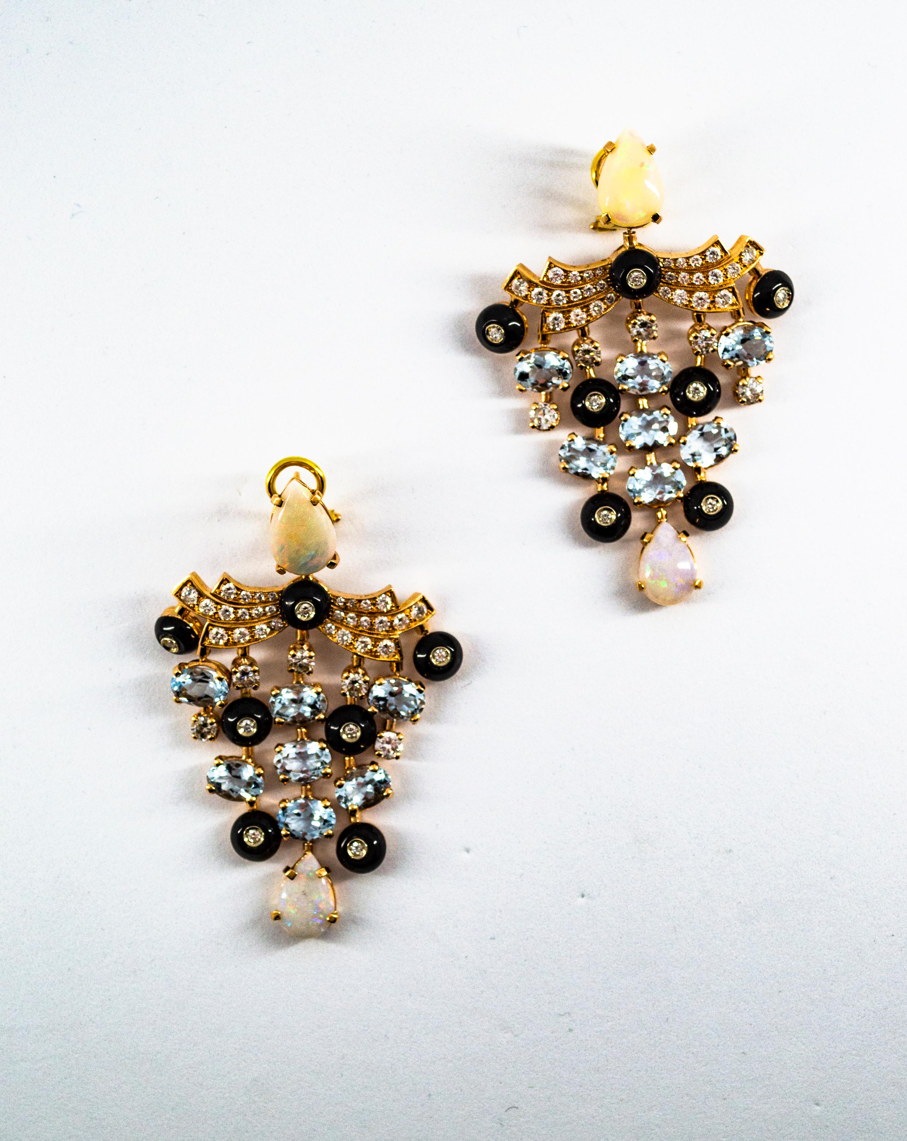 Art Deco Style White Diamond Opal Aquamarine Yellow Gold Clip-On Earrings For Sale 3
