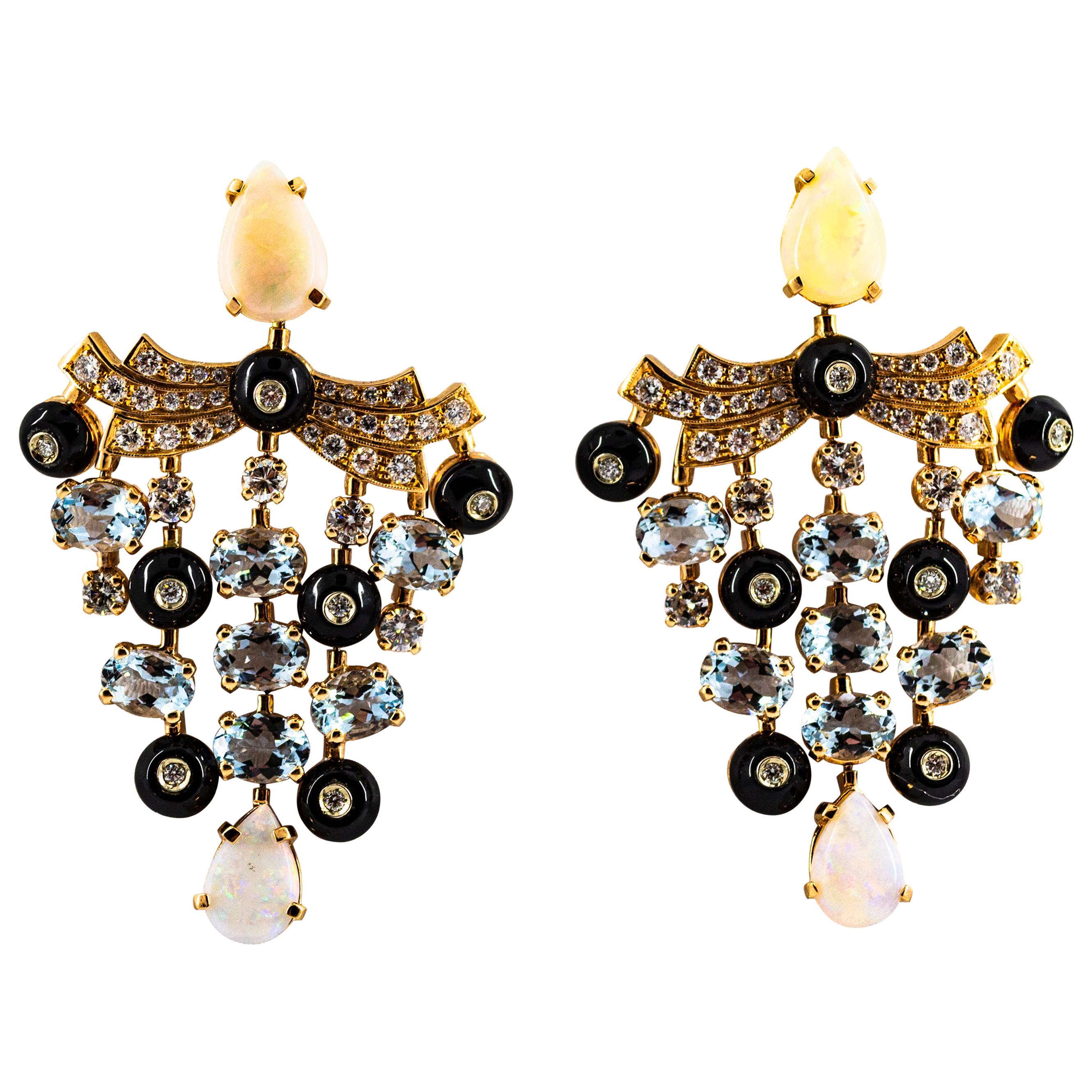 Art Deco Style White Diamond Opal Aquamarine Yellow Gold Clip-On Earrings For Sale