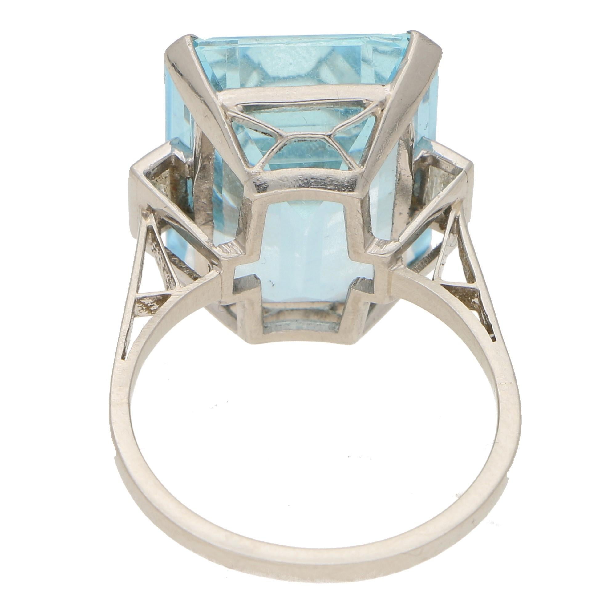 Emerald Cut Art Deco Aquamarine and Diamond Cocktail Ring in Platinum  17.00 Carat