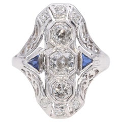 Art Deco 17k White Gold Diamond and Sapphire Dinner Ring
