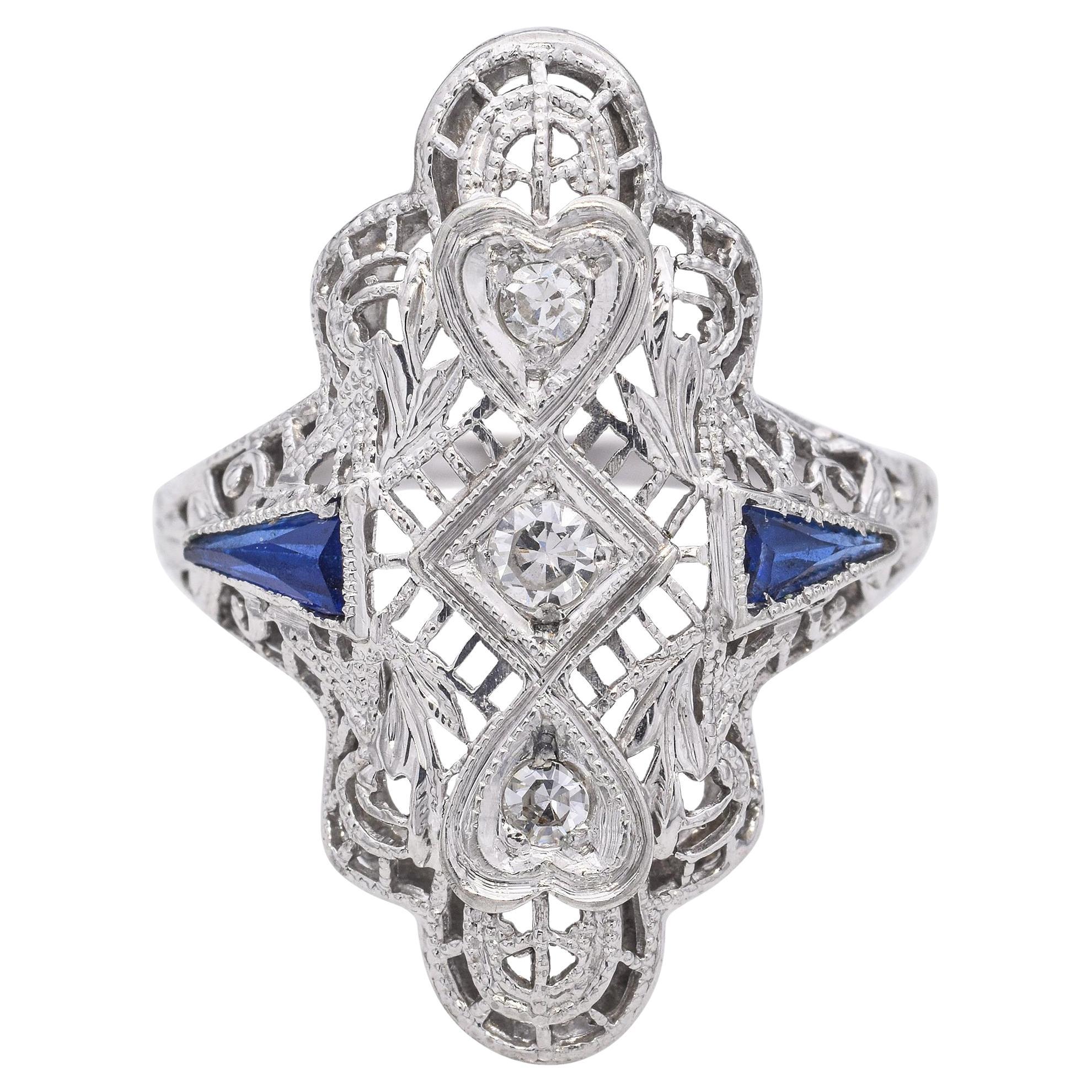Art Deco 17k White Gold Filigree Sapphire and Diamond Dinner Ring
