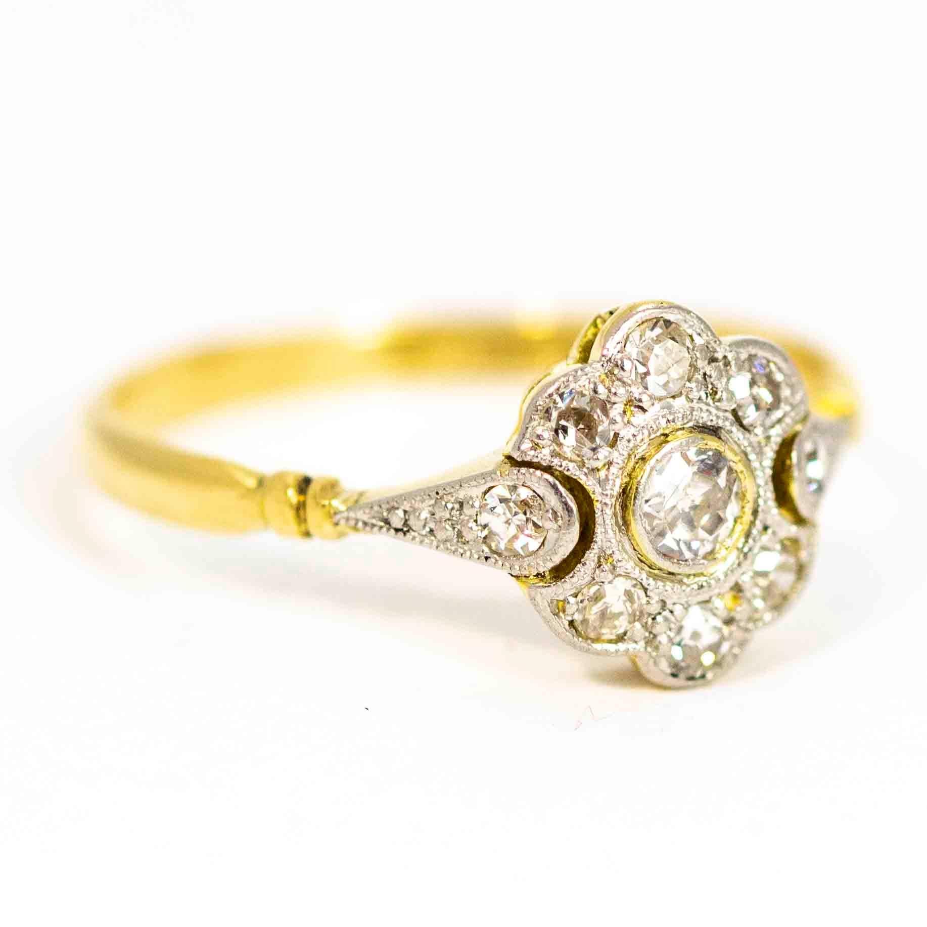 Art Deco 18 Carat Gold and Platinum Diamond Cluster Ring 1
