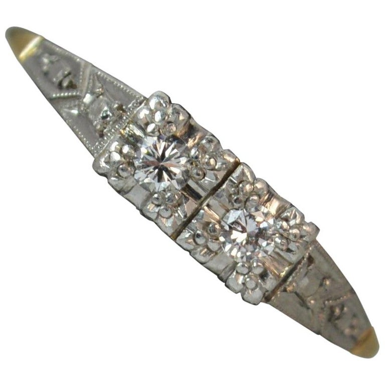 Art Deco 18 Carat Gold and Platinum Diamond Two-Stone Stack Ring at 1stDibs